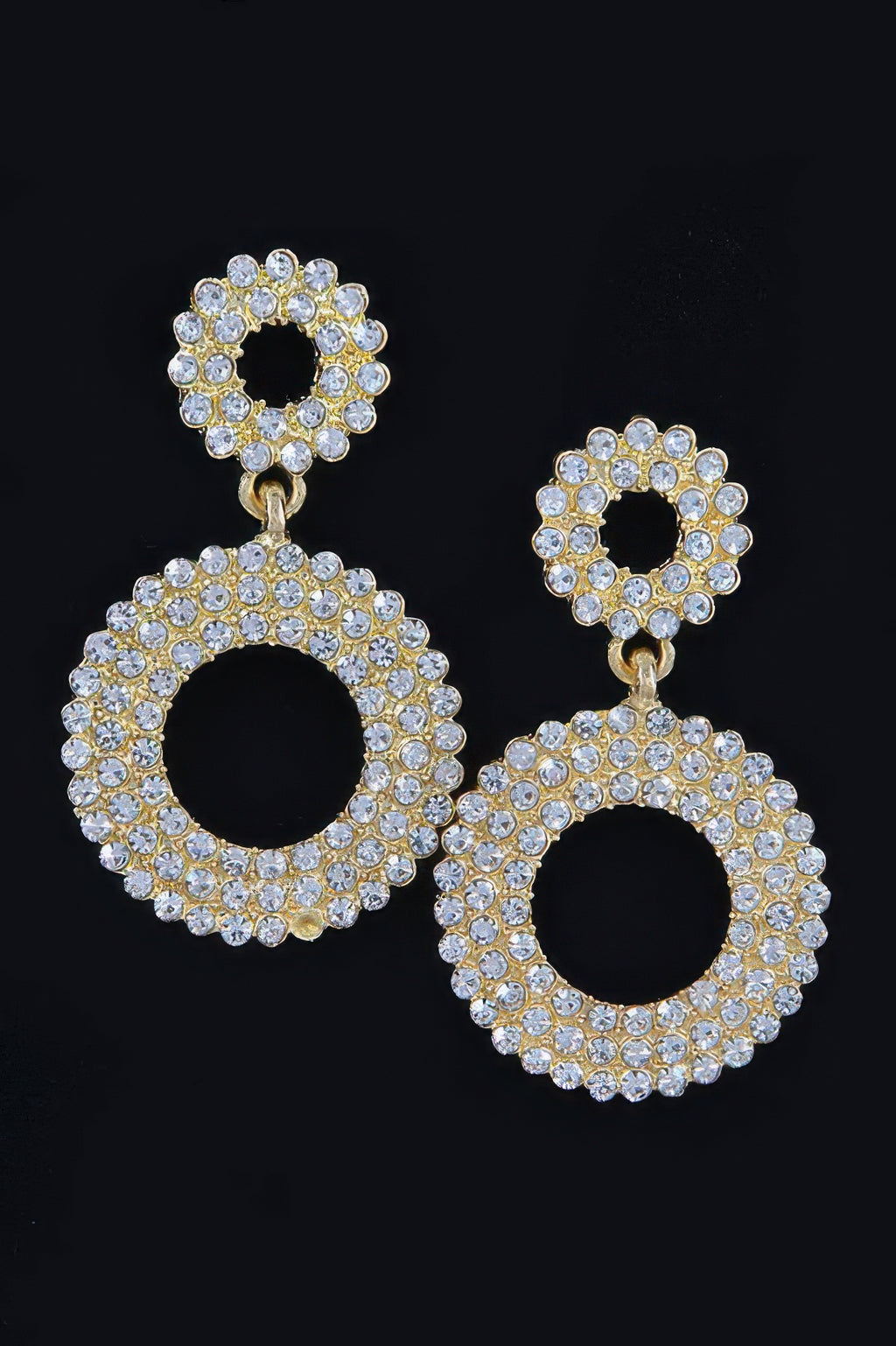 Gold rhinestone dangle earrings: circular hoop top with large ring drop