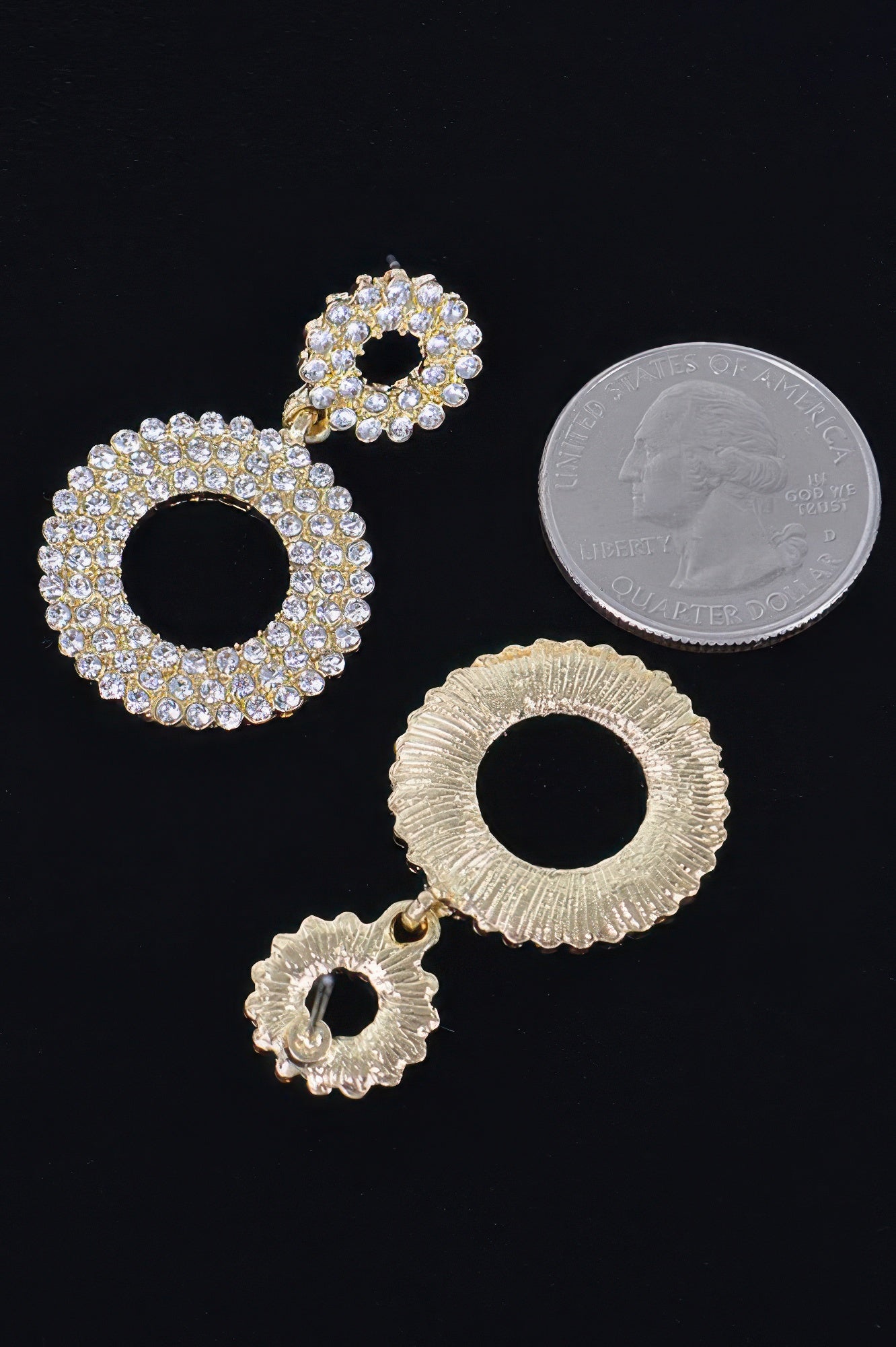 Gold-tone rhinestone drop earrings: small halo circle with textured disc dangle