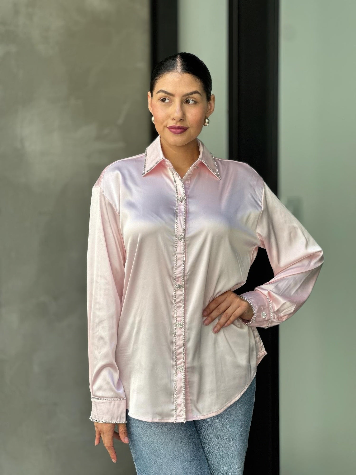 Rhinestone-trim satin button-down blouse, pale pink, pointed collar and front placket