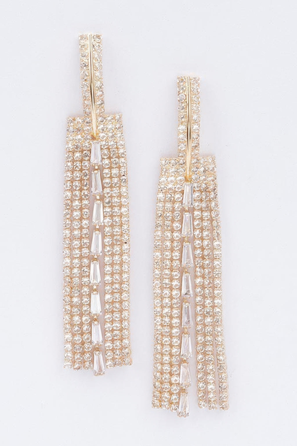 Rhinestone-Ohrringe in Goldtönen, lange Tropfenform mit glitzernden Reihen und Steg