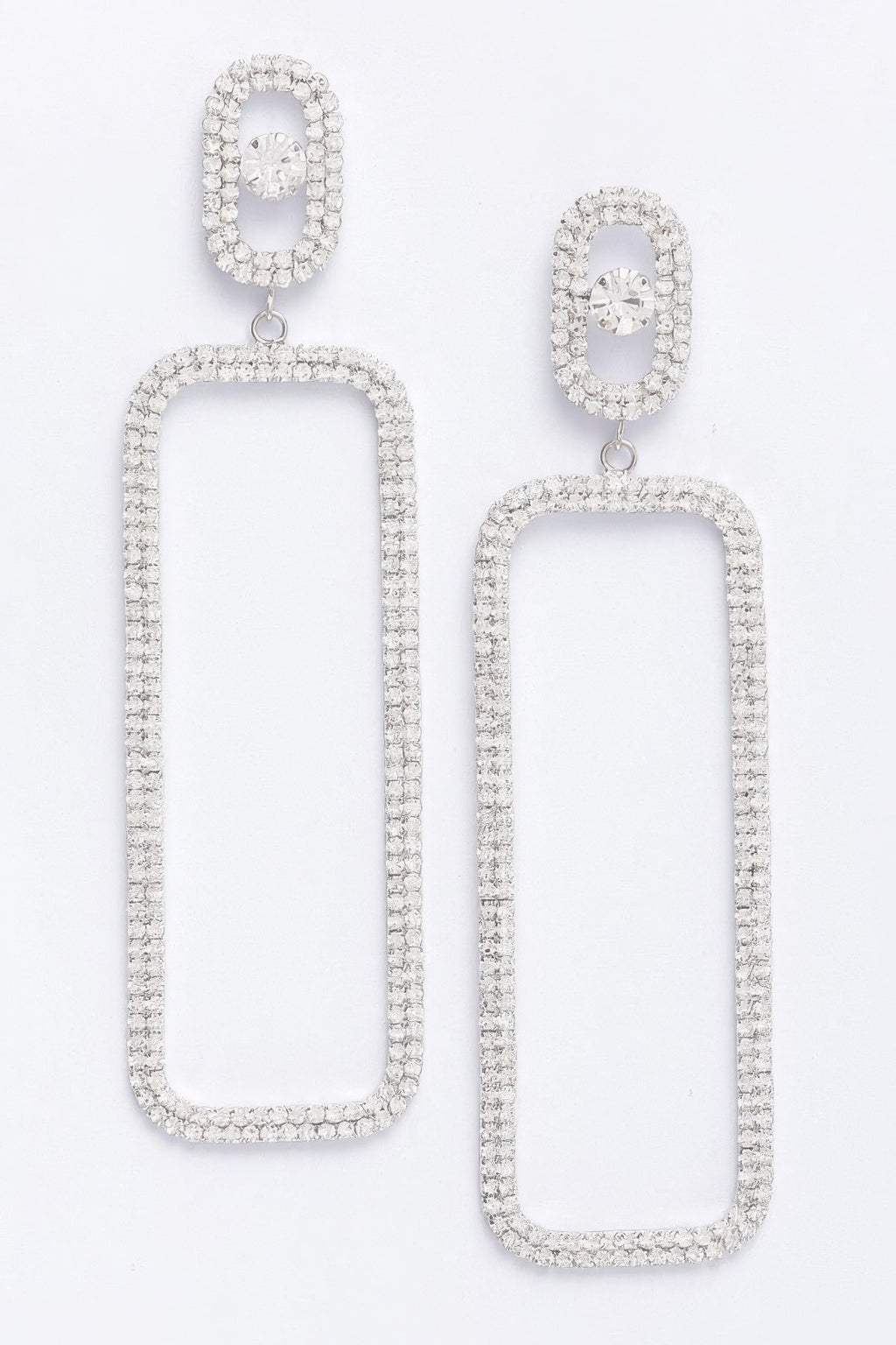 Rhinestone drop earrings with rectangular frame and oval top, silver clear