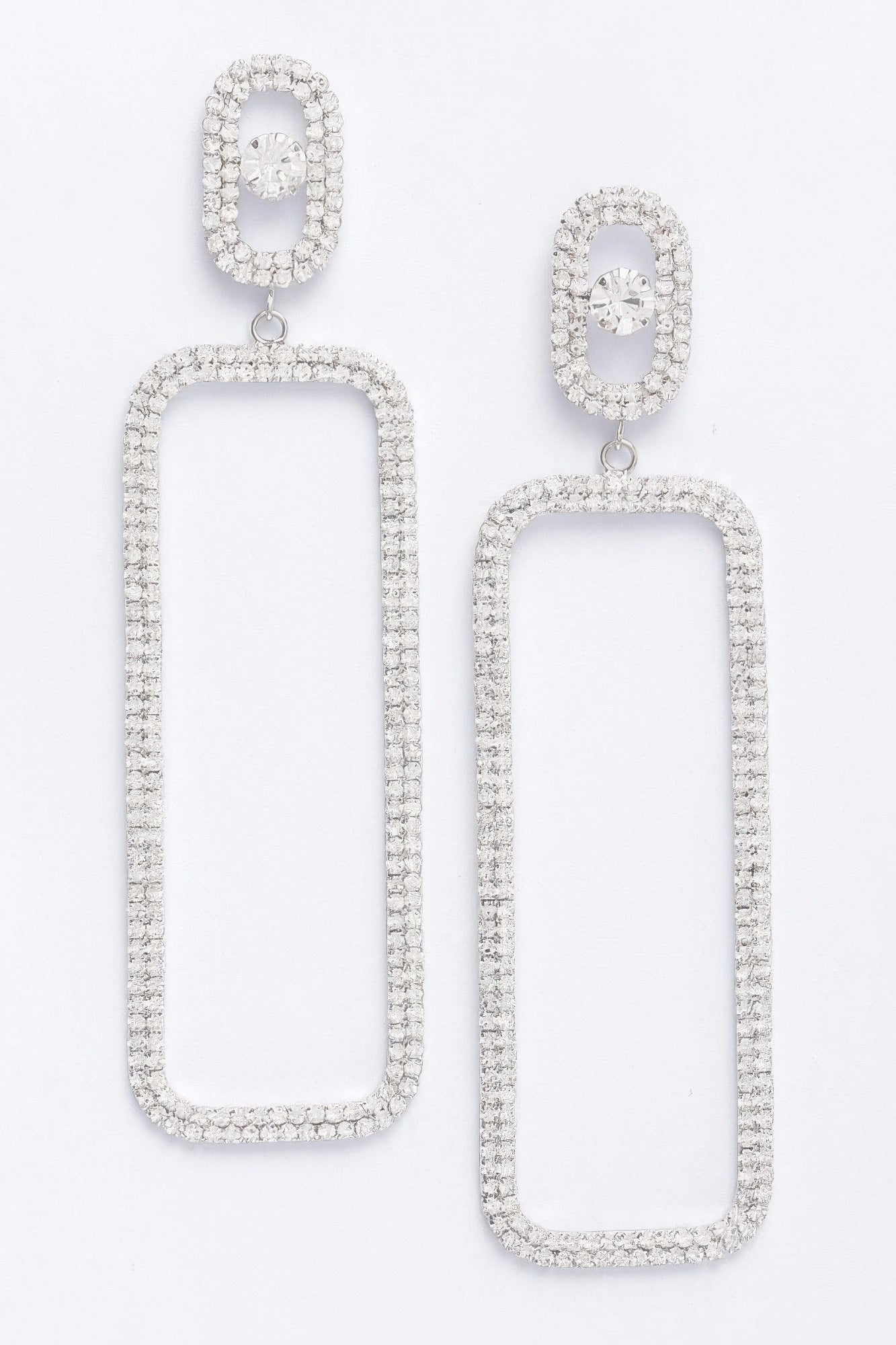 Rhinestone drop earrings with rectangular frame and oval top, silver clear