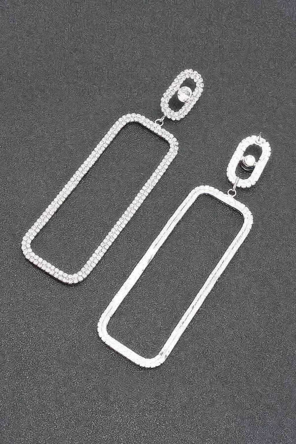 Rhinestone drop earrings, long rectangular shape with oval top, silver clear