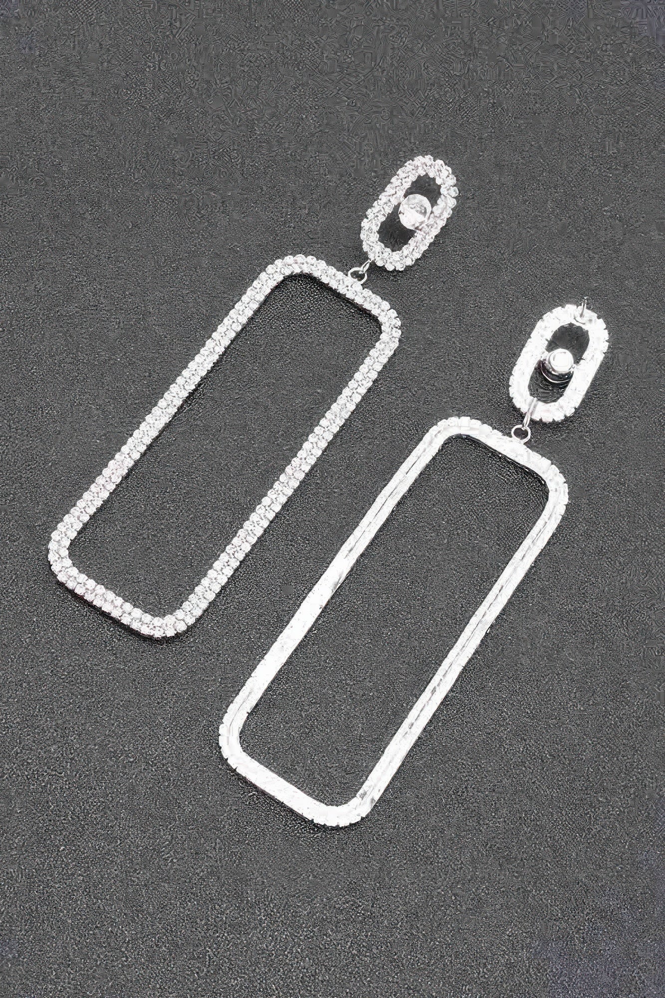 Rhinestone drop earrings, long rectangular shape with oval top, silver clear