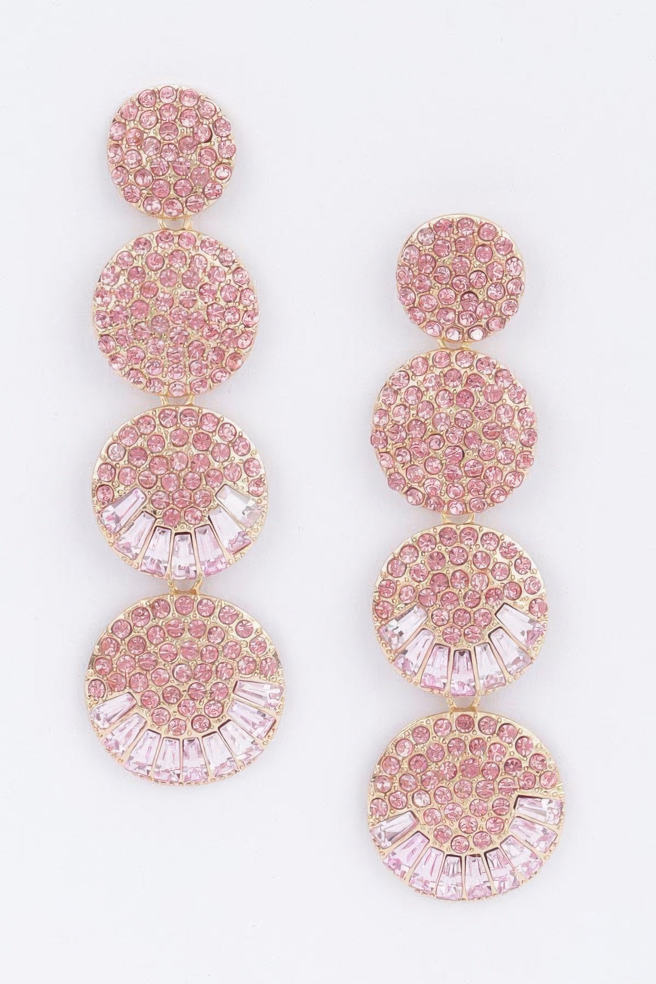 Rhinestone Ohrringe, rosa Steine mit dreistufigen runden Formen und Fächer-Detail