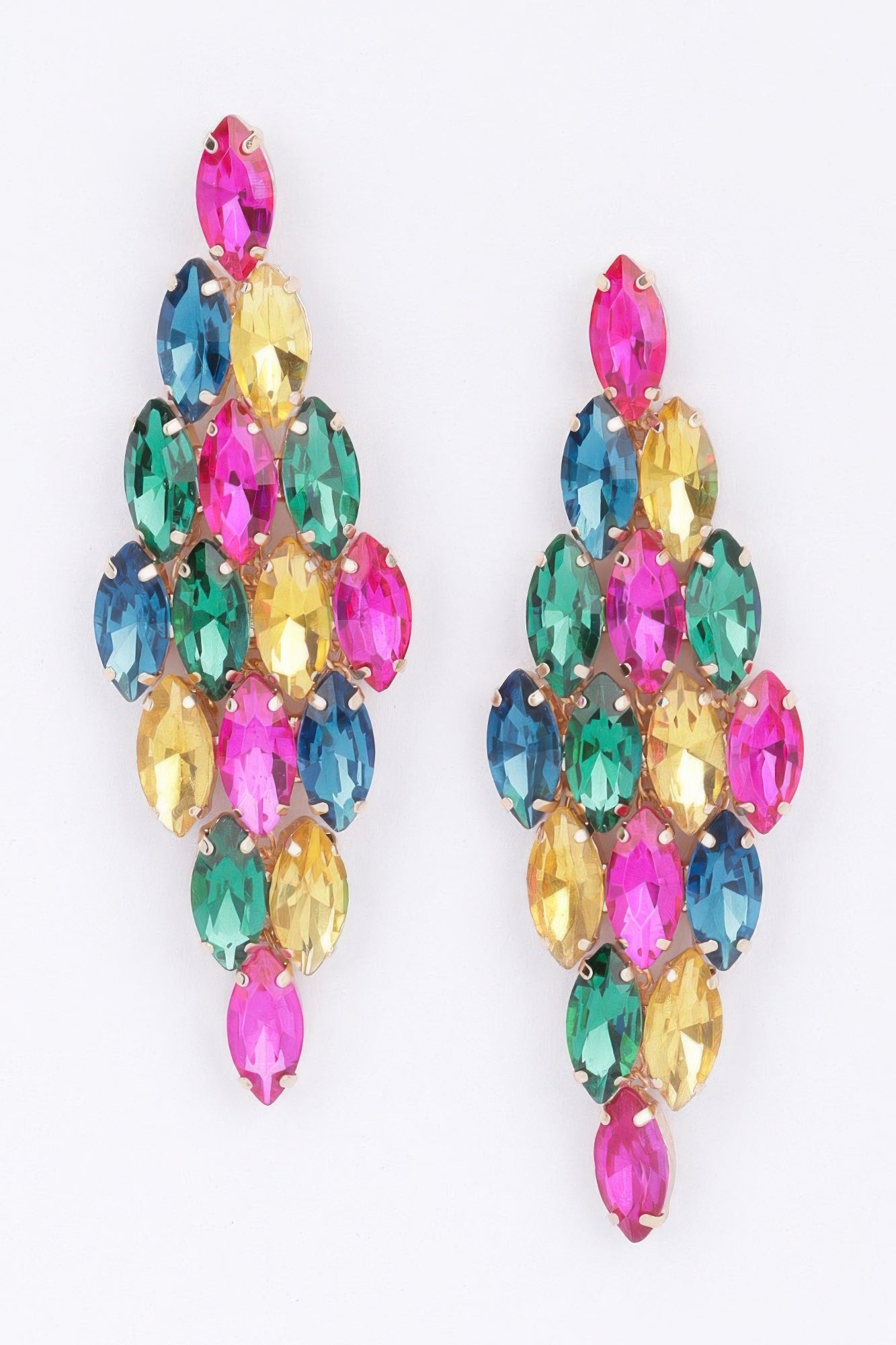 Bunte Rhinestone-Ohrringe mit mehrfarbigen Tropfensteinen, goldfarbene Fassung