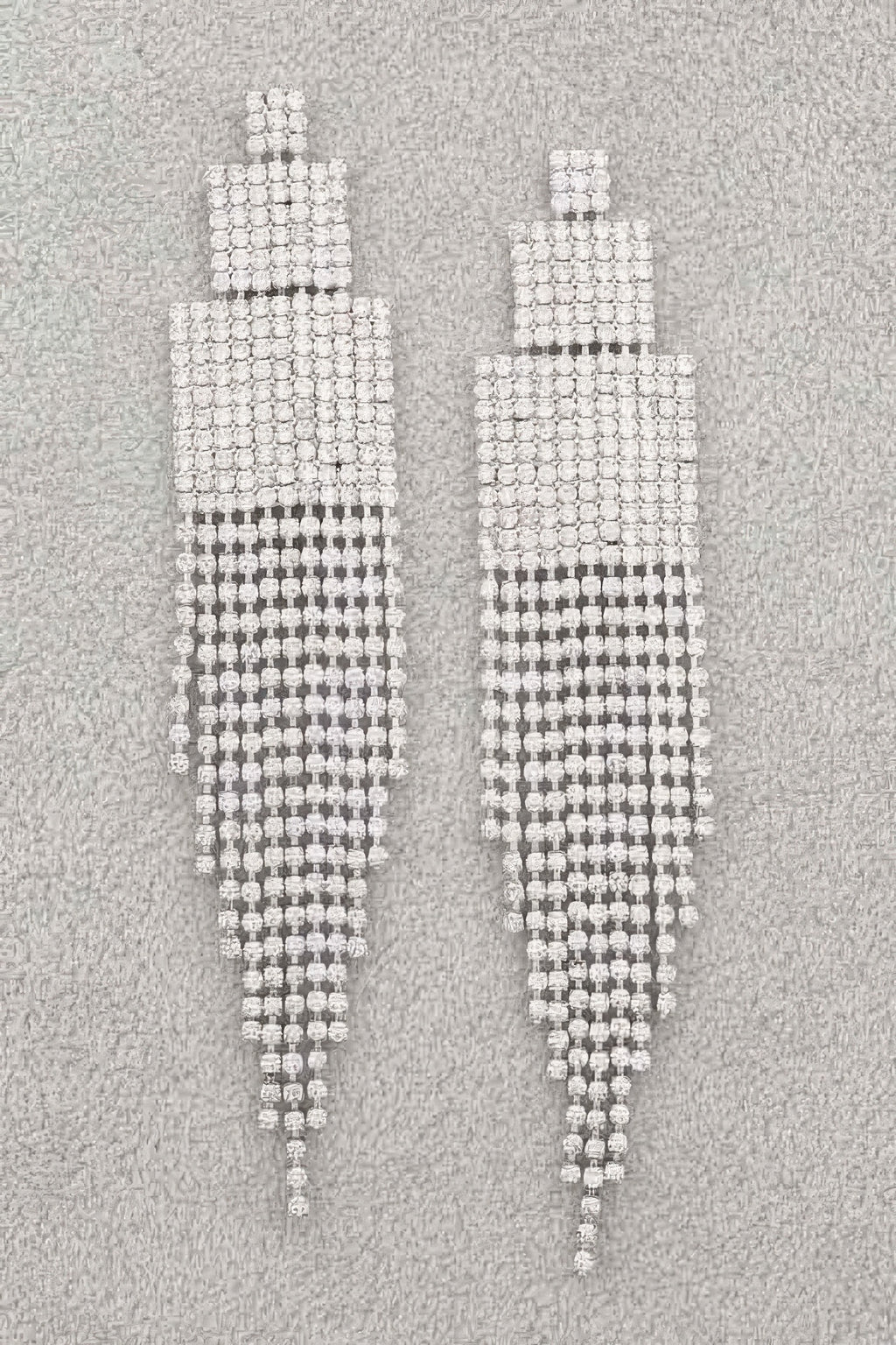 Rhinestone earrings in silver-tone with vertical fringe, square top and dangling drops