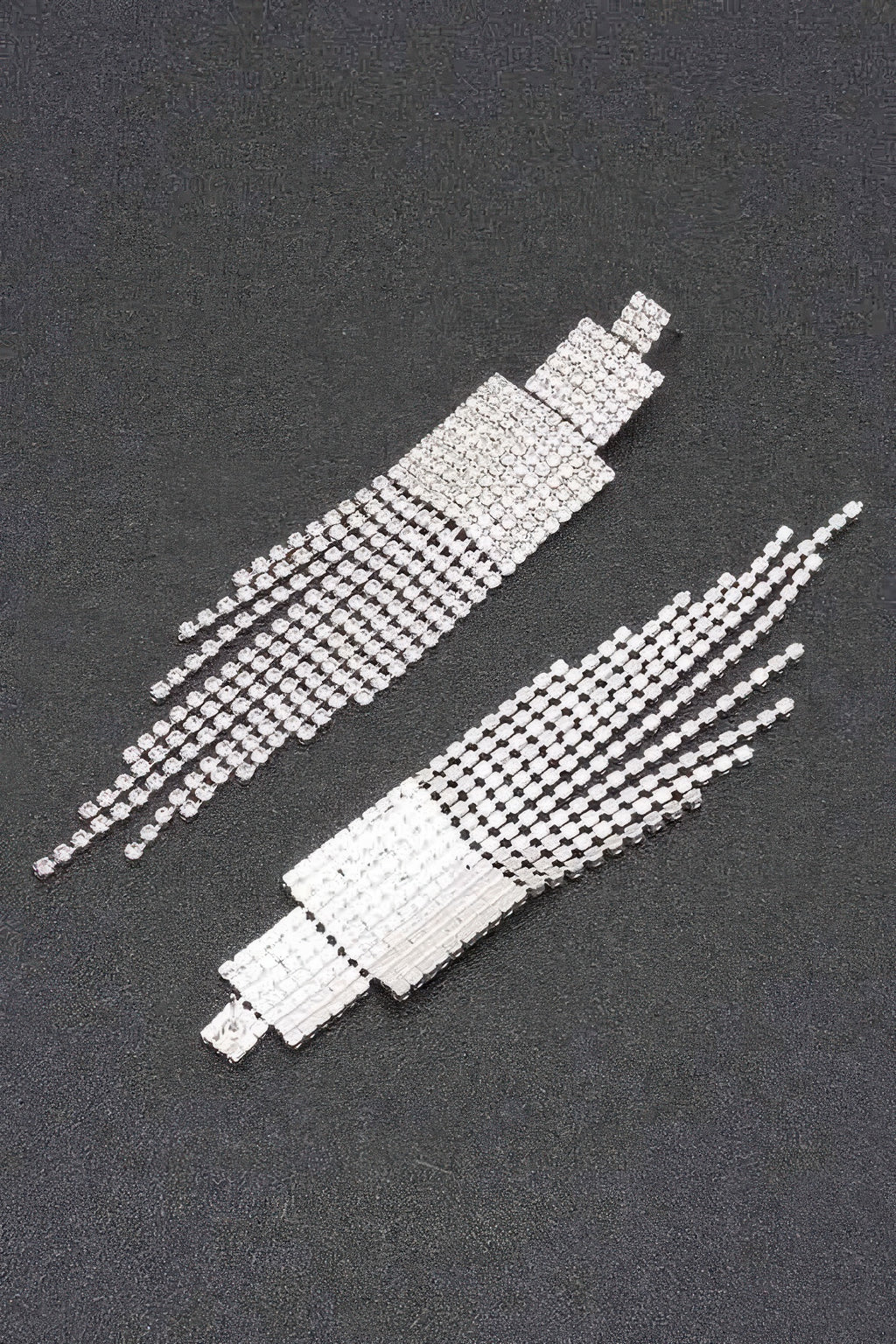 Rhinestone earrings: long mesh fringe with square stud tops, clear stones