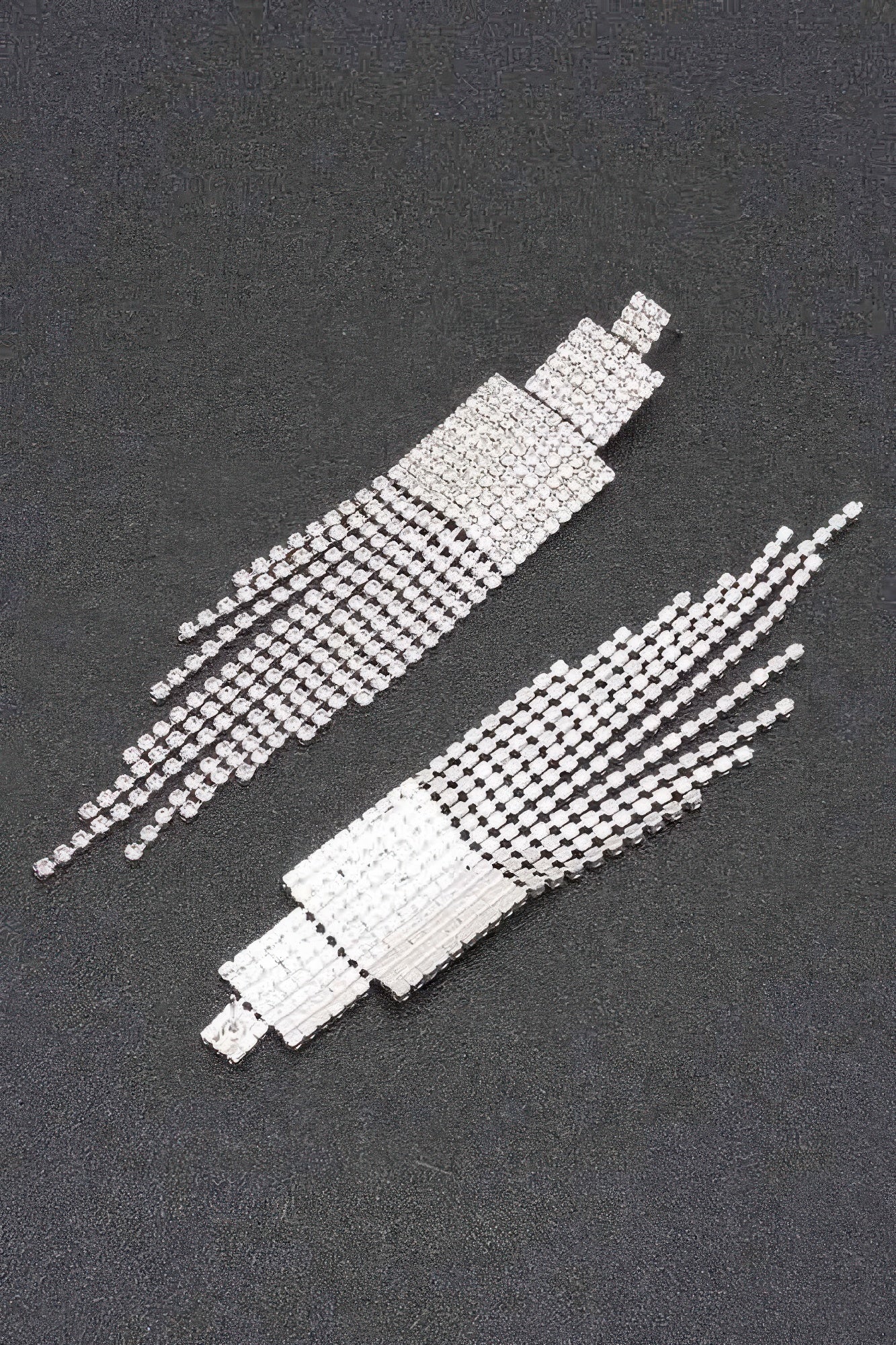 Rhinestone earrings: long mesh fringe with square stud tops, clear stones
