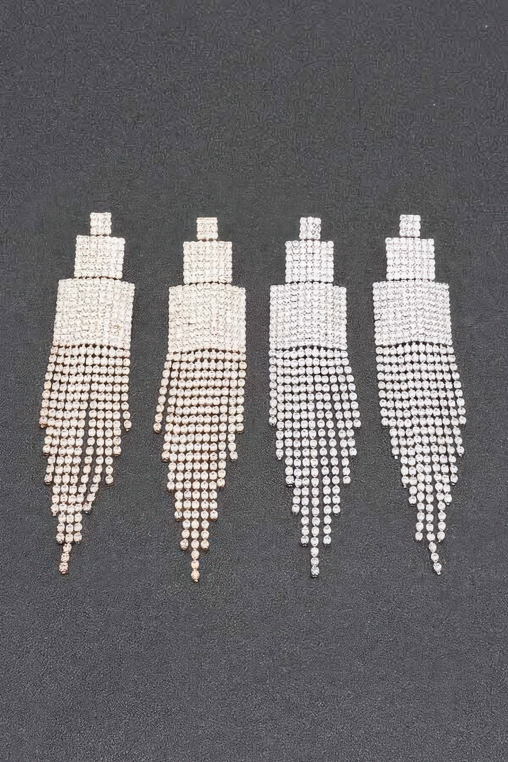 Rhinestone earrings with square tops and dangling fringe drops, clear stones set in rows