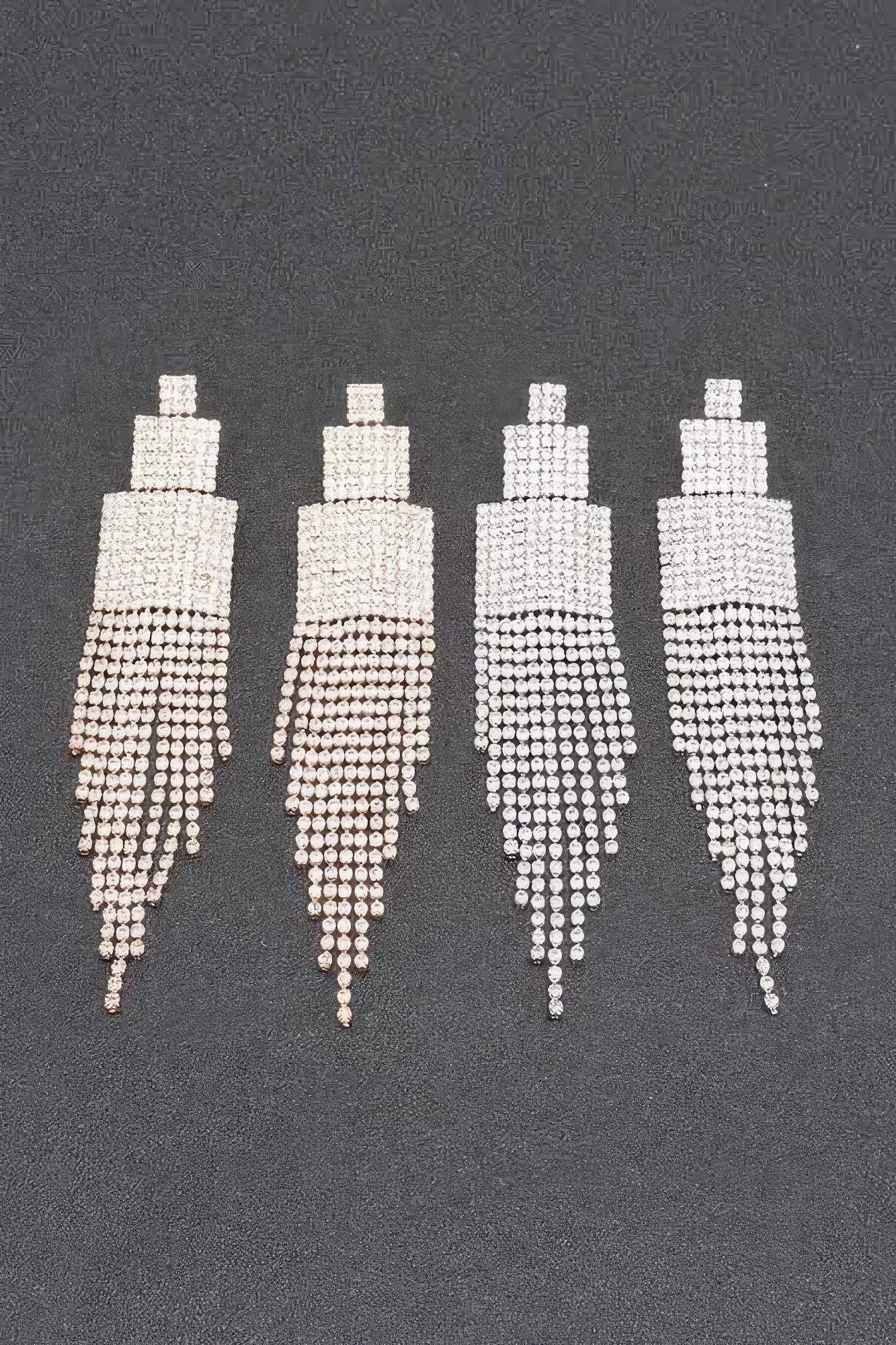 Rhinestone earrings with square tops and dangling fringe drops, clear stones set in rows