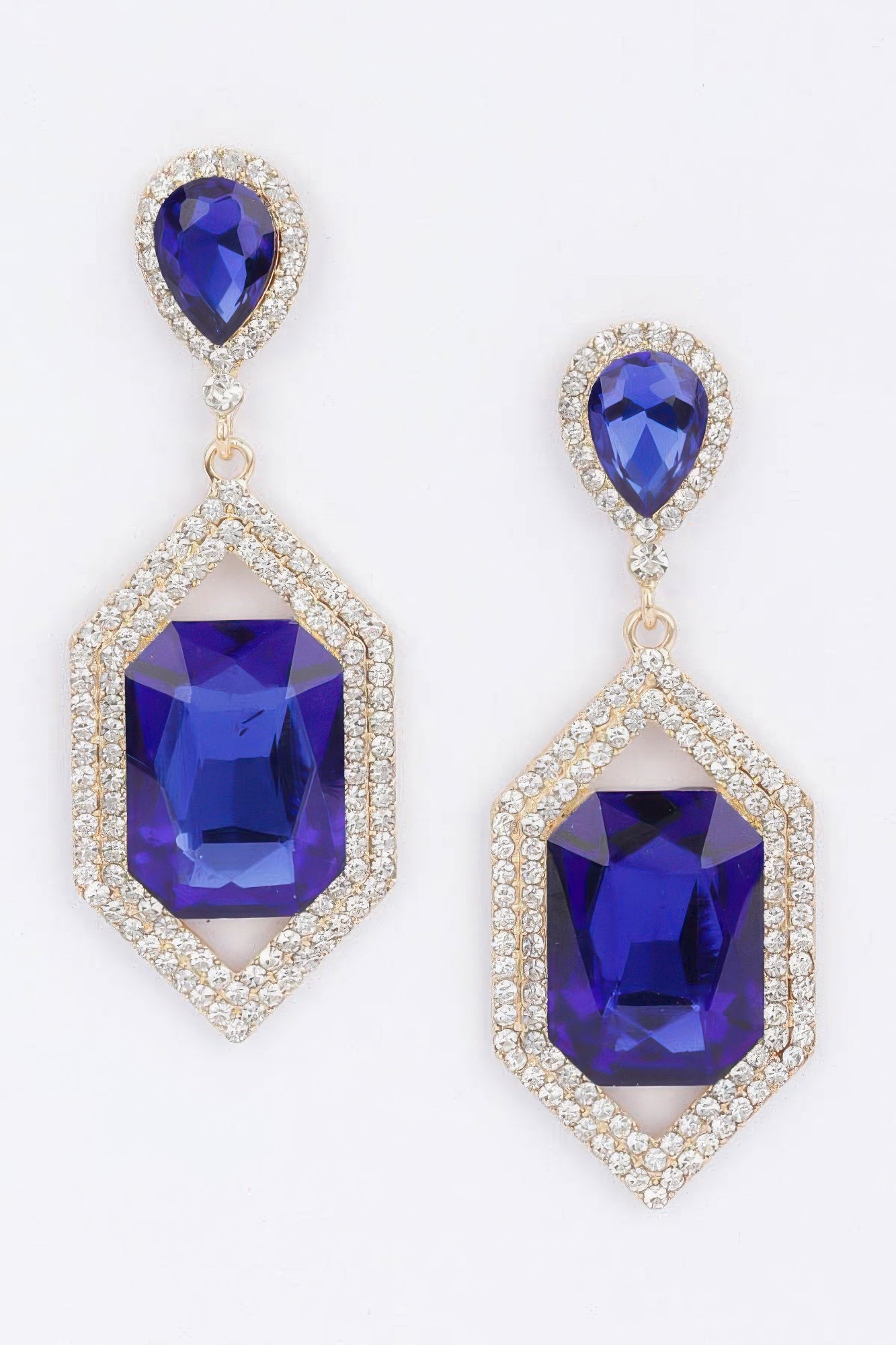 Rhinestone earrings: kobaltblauwe peervormige steen met blauwe ruitvormige hanger en strass