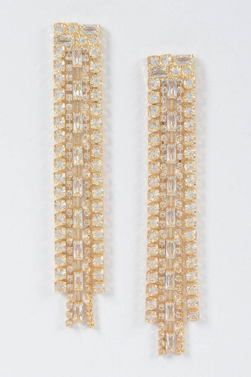 Clear Gold rhinestone earrings: rectangular drop with dangling stones, pair