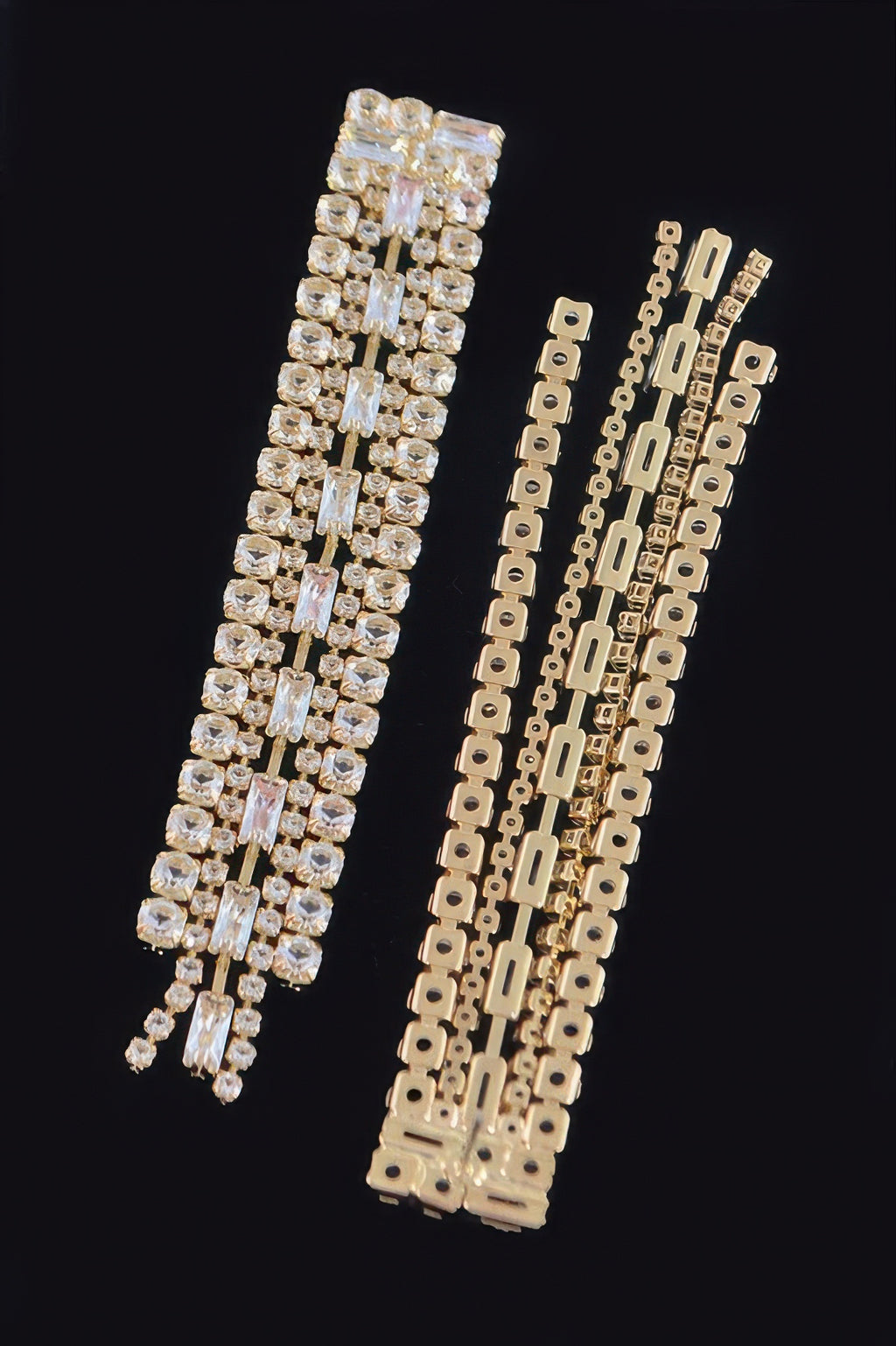 Clear Gold rhinestone earrings, back view with gold links and dangling stone bars