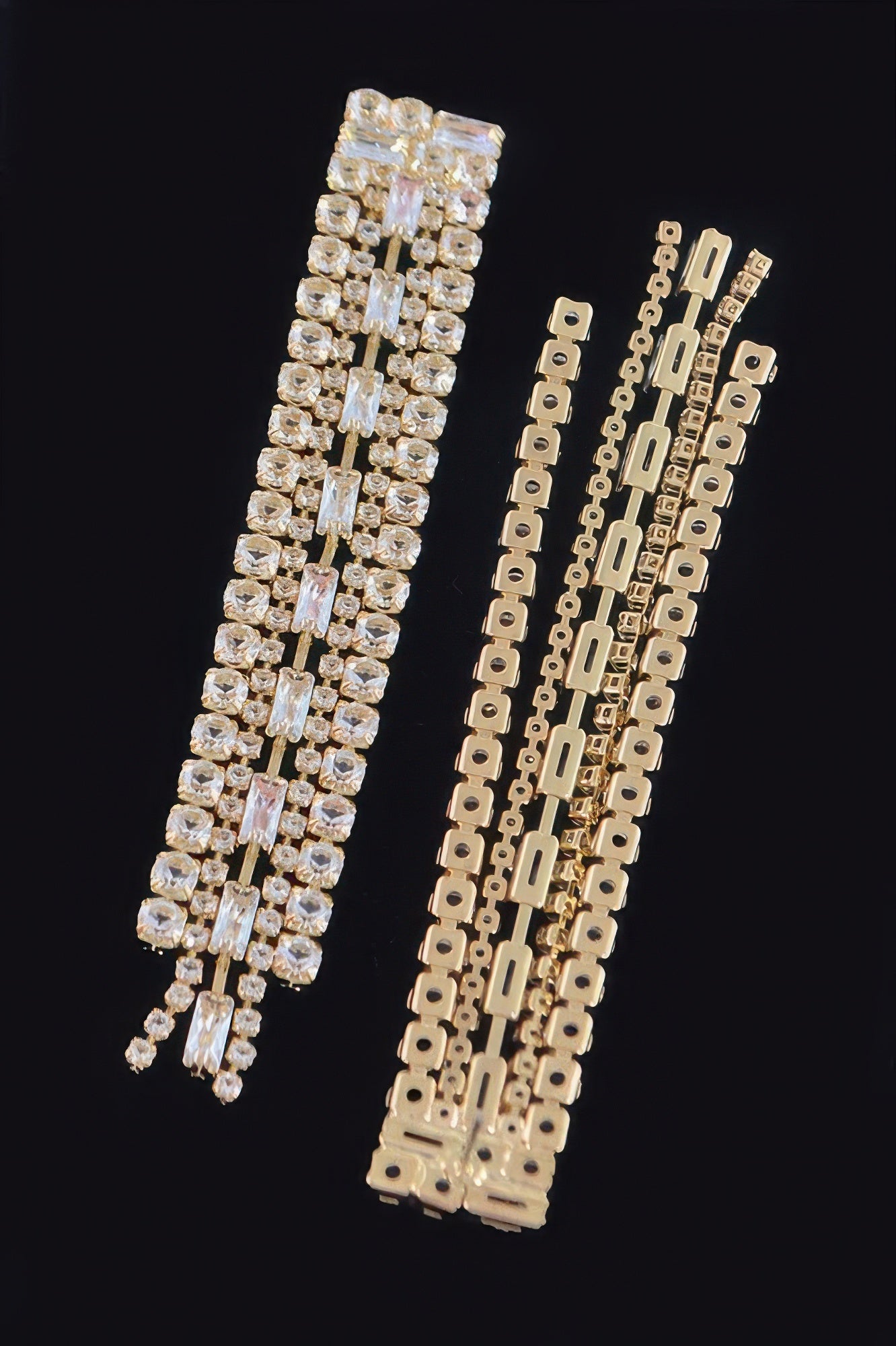 Clear Gold rhinestone earrings, back view with gold links and dangling stone bars