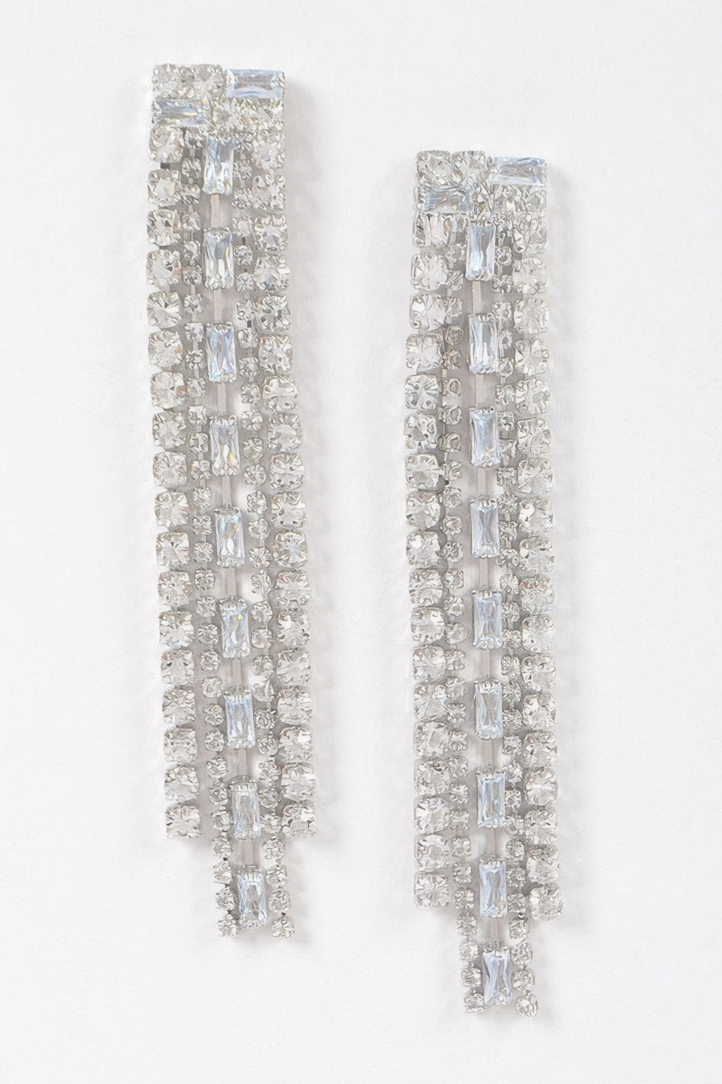 Clear Silver rhinestone earrings: rectangular drop with sparkling stones, pair