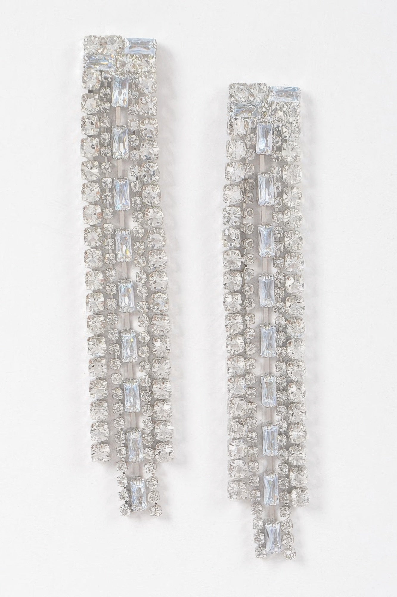 Clear Silver rhinestone earrings: rectangular drop with sparkling stones, pair
