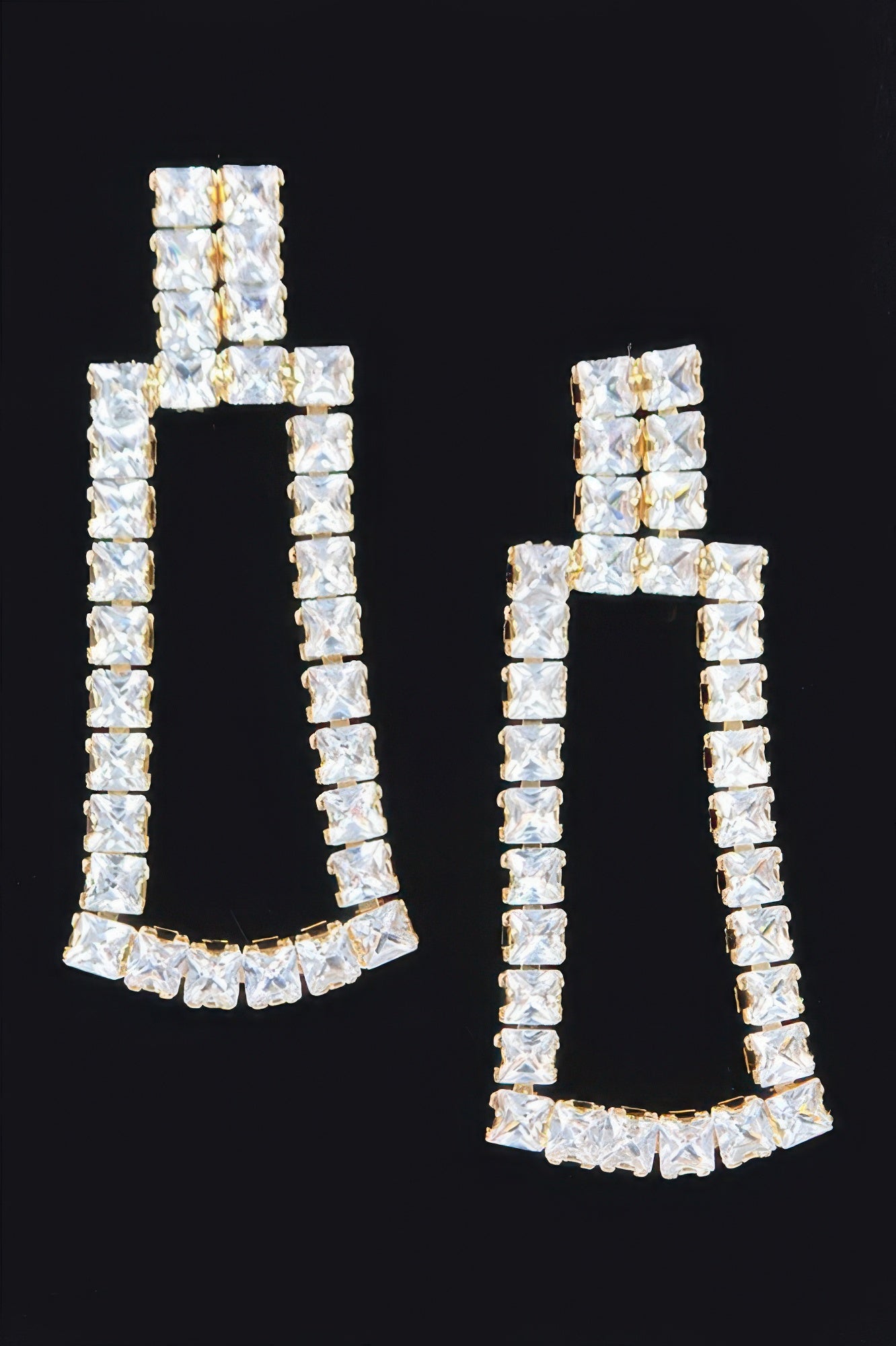 Rhinestone earrings, gold-tone setting with clear square stones