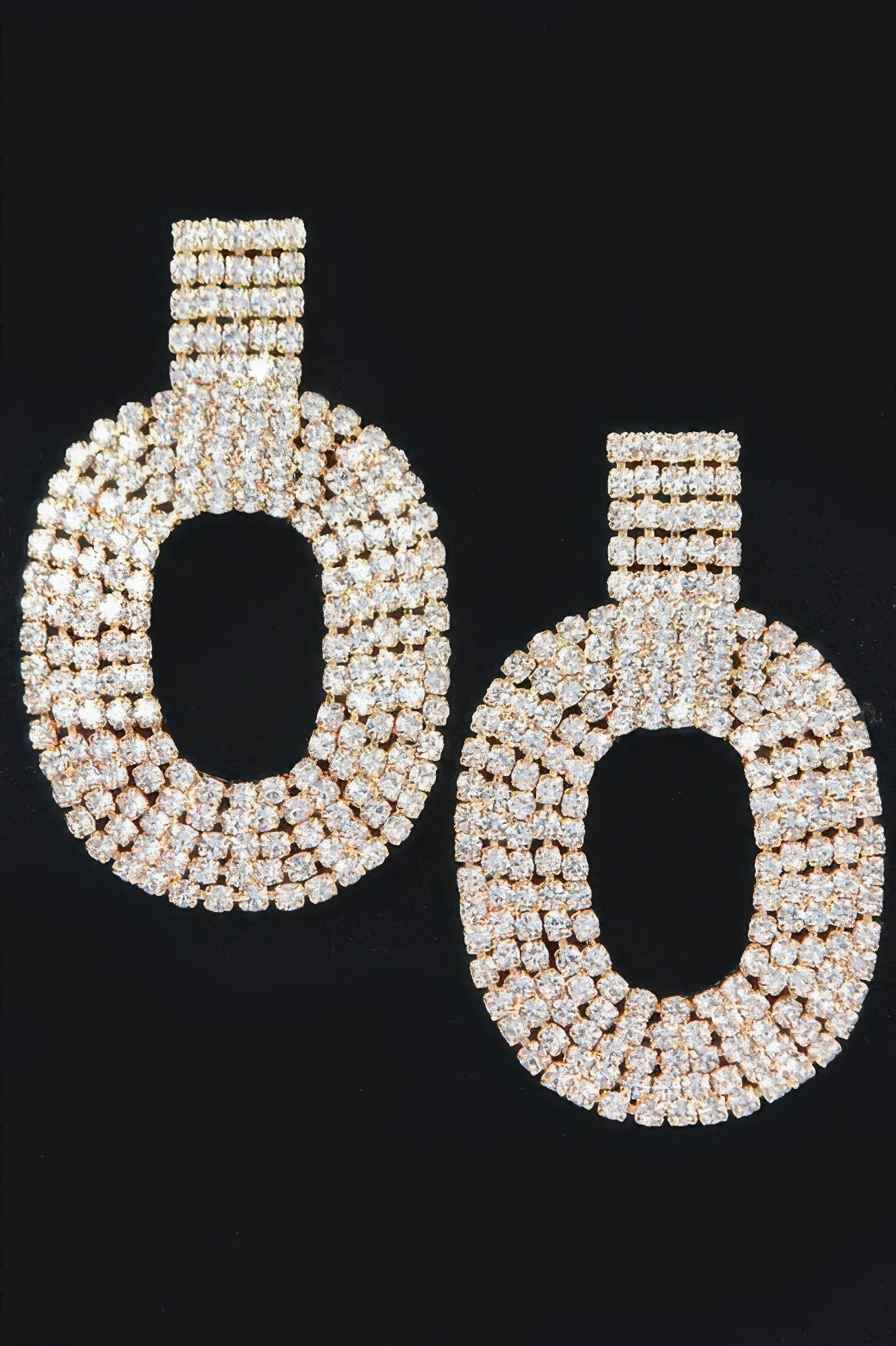 Rhinestone hoop drop earrings, gold-tone with oval cutout and tiered sparkly stones
