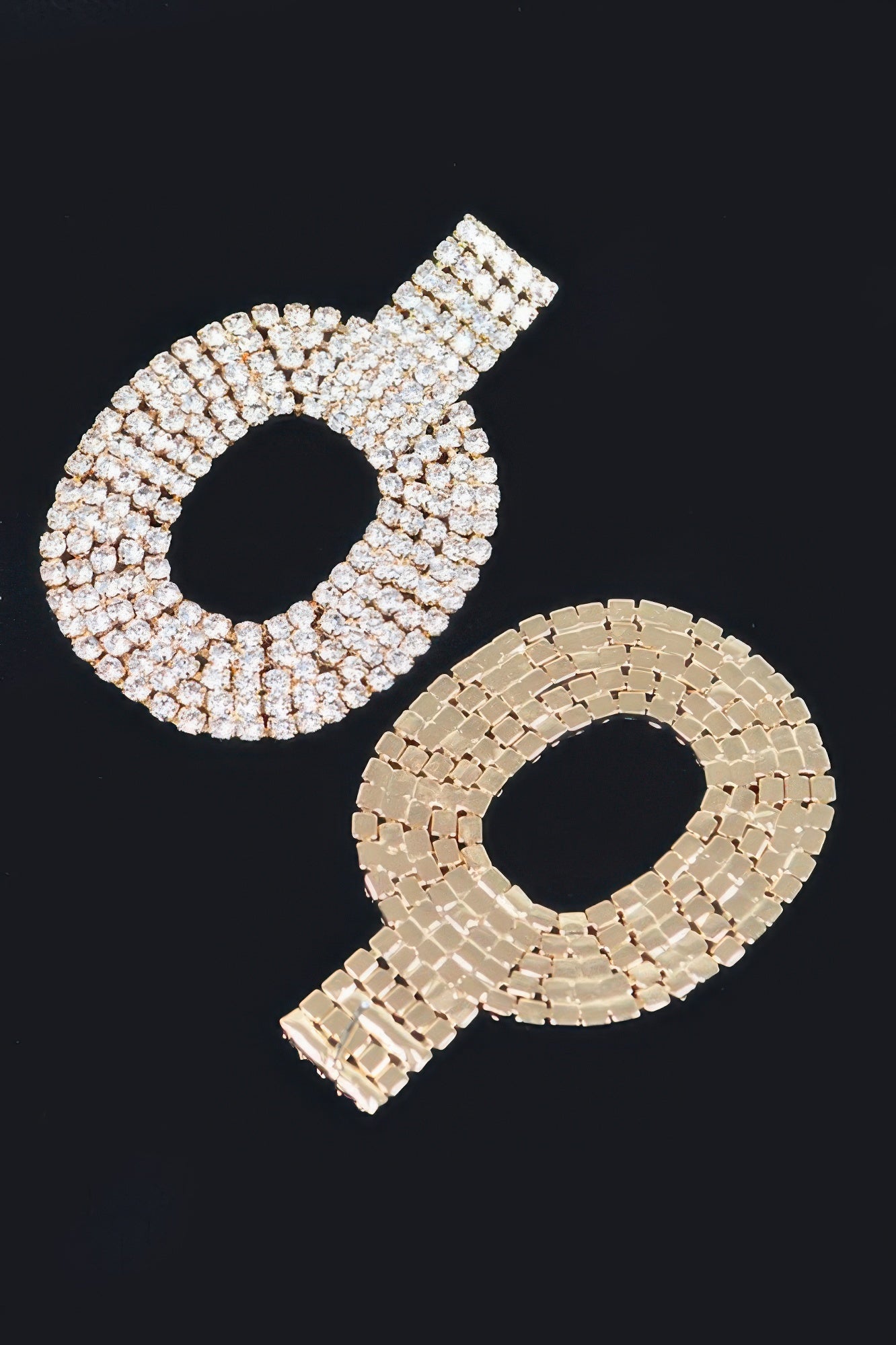 Rhinestone hoop drop earrings, silver-tone with oval cutout and long bar detail at top