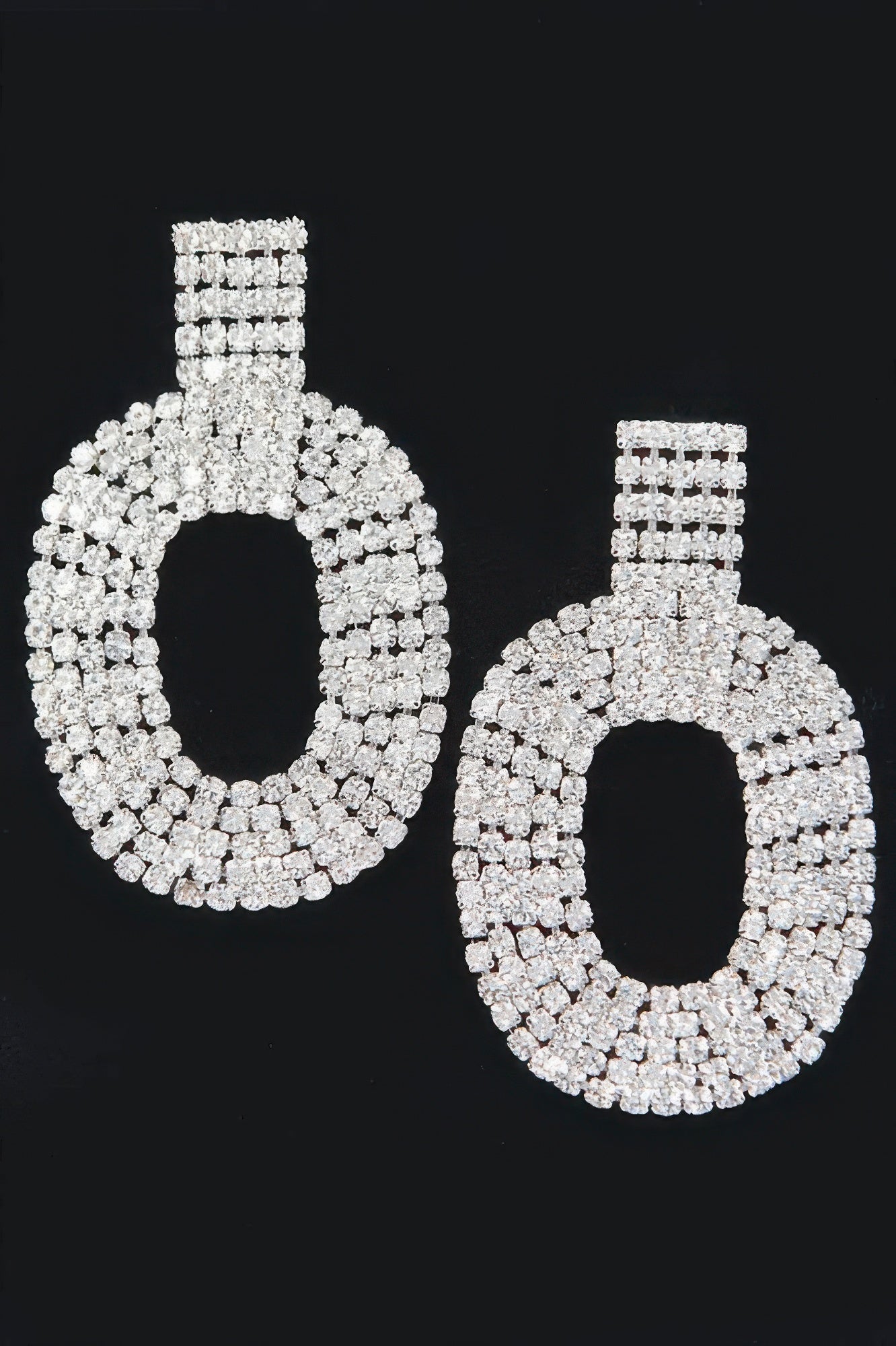 Rhinestone hoop drop earrings, clear stones with oval ring and rectangular top