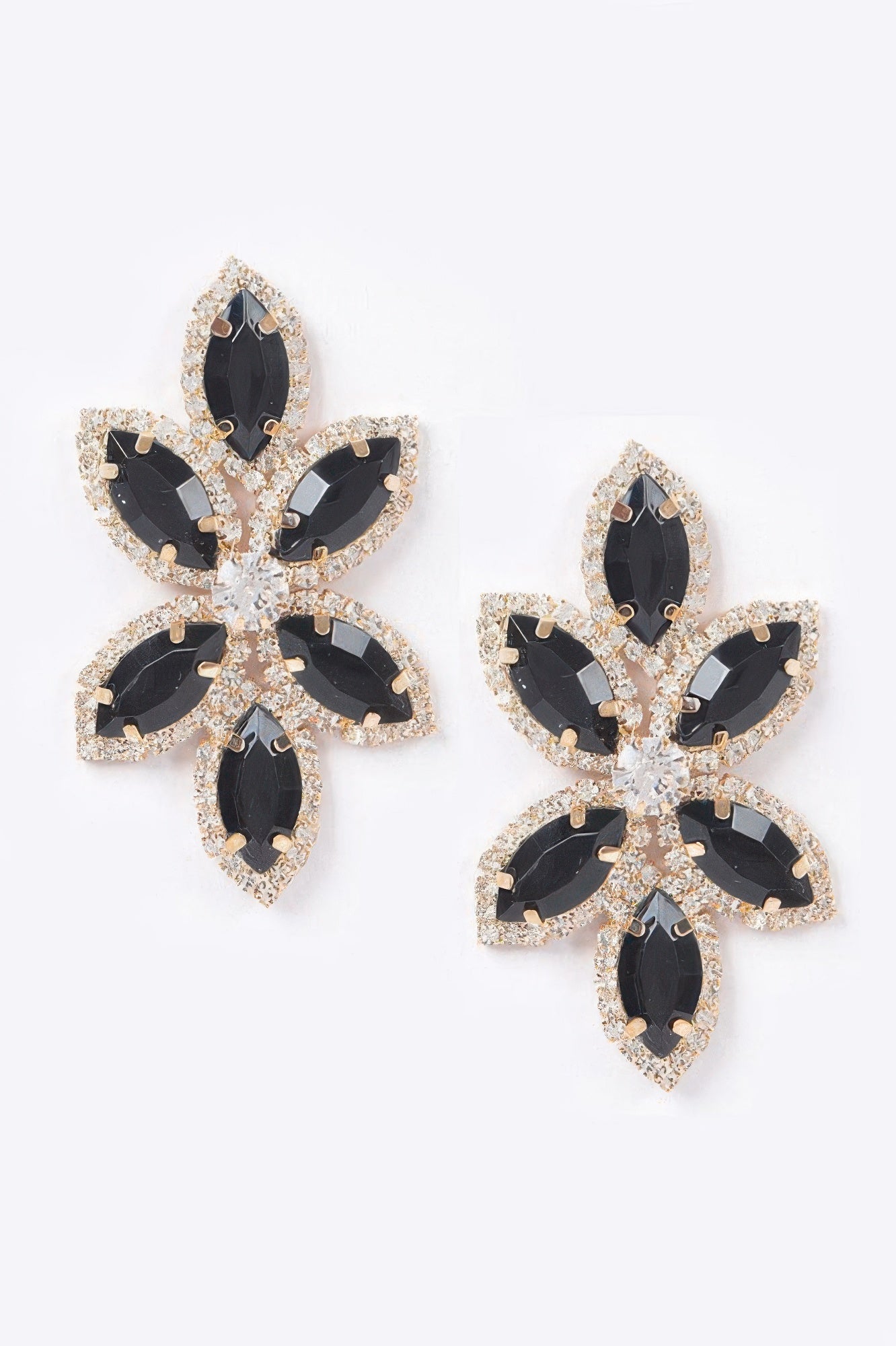 Rhinestone flower earrings, black stones with gold-tone rhinestone halo