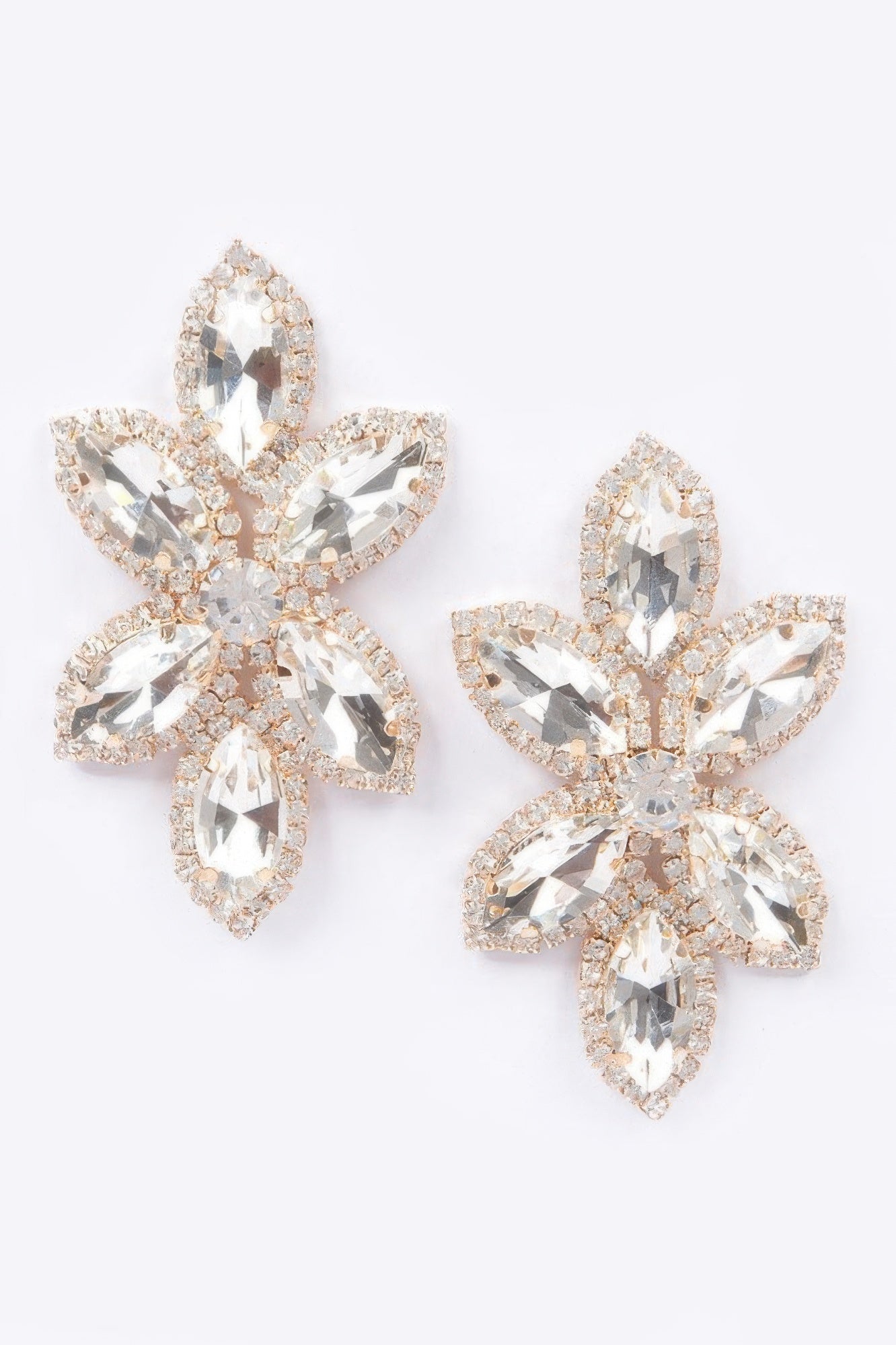 Rhinestone flower earrings, clear stones with gold-tone crystal sparkle