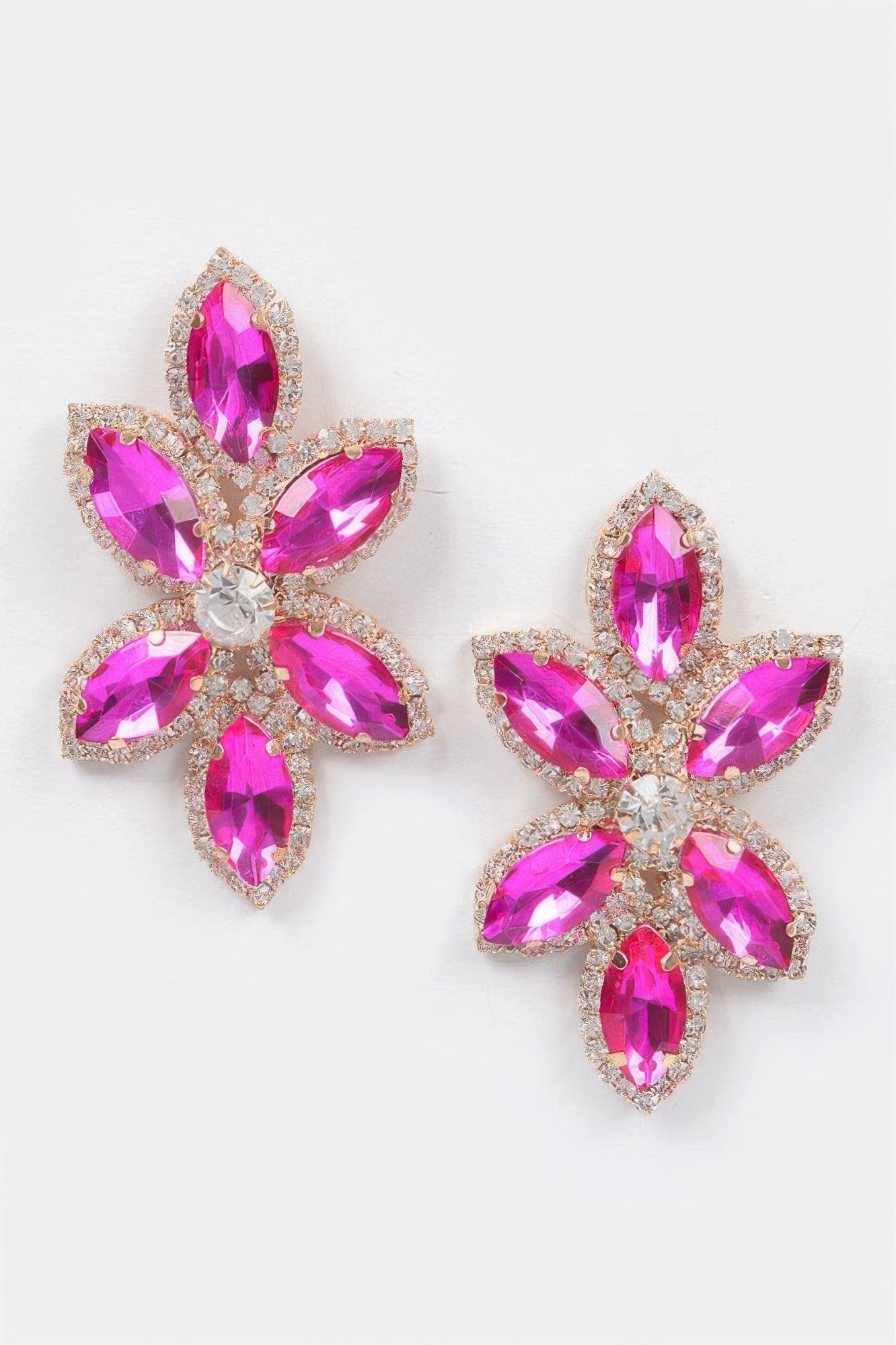 Rhinestone flower earrings, fuchsia pink marquise stones with gold-tone setting