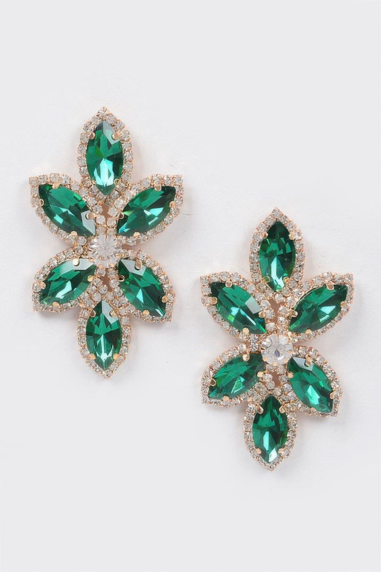 Rhinestone flower earrings, green marquise stones with gold-tone crystal trim