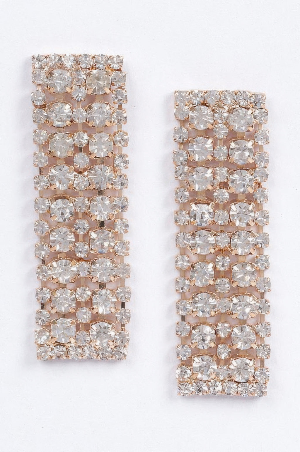 Gold-tone rhinestone earrings with rectangular grid of clear stones