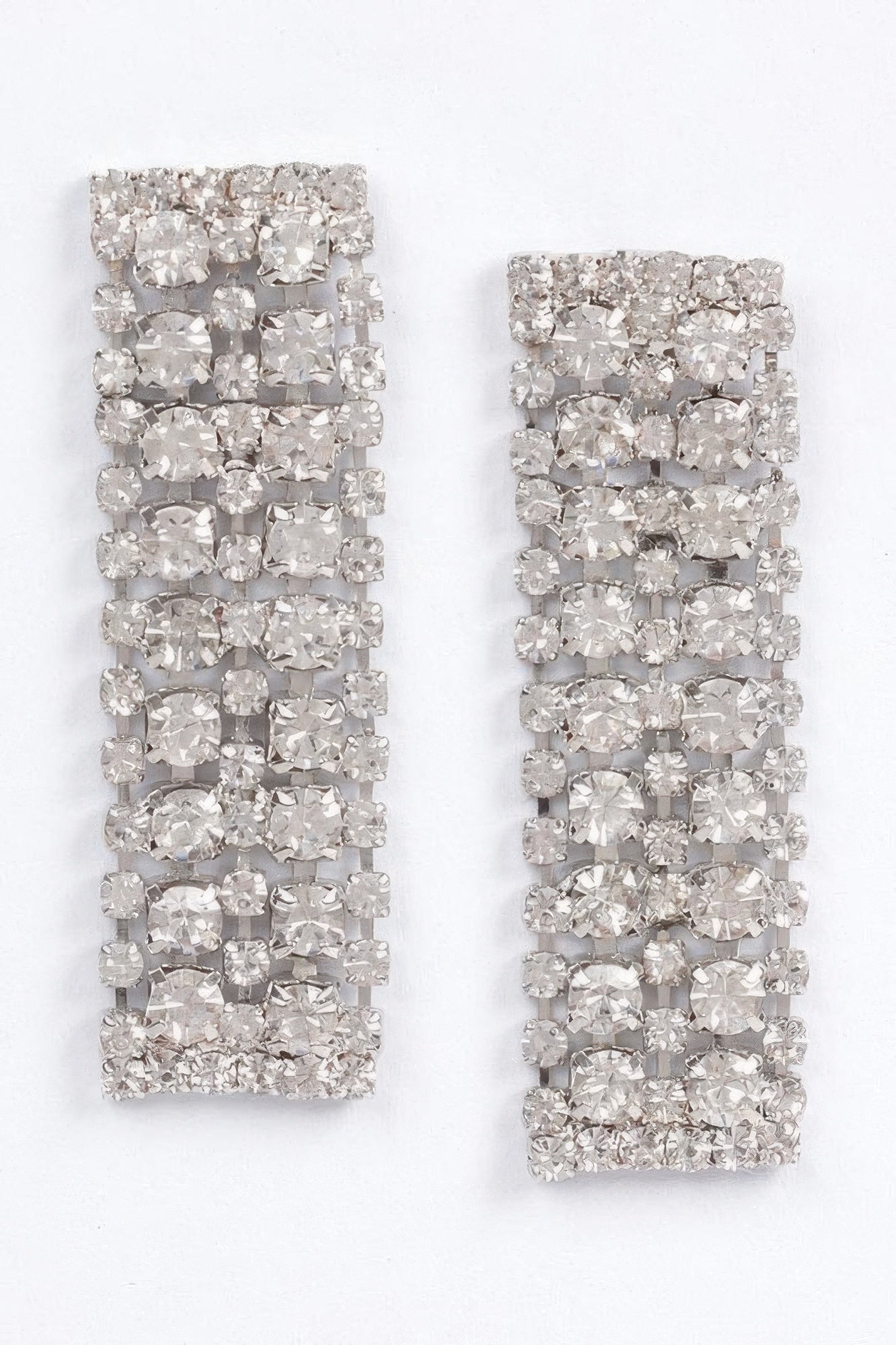 Silver-tone rhinestone earrings with clear stones in rectangular lattice pattern