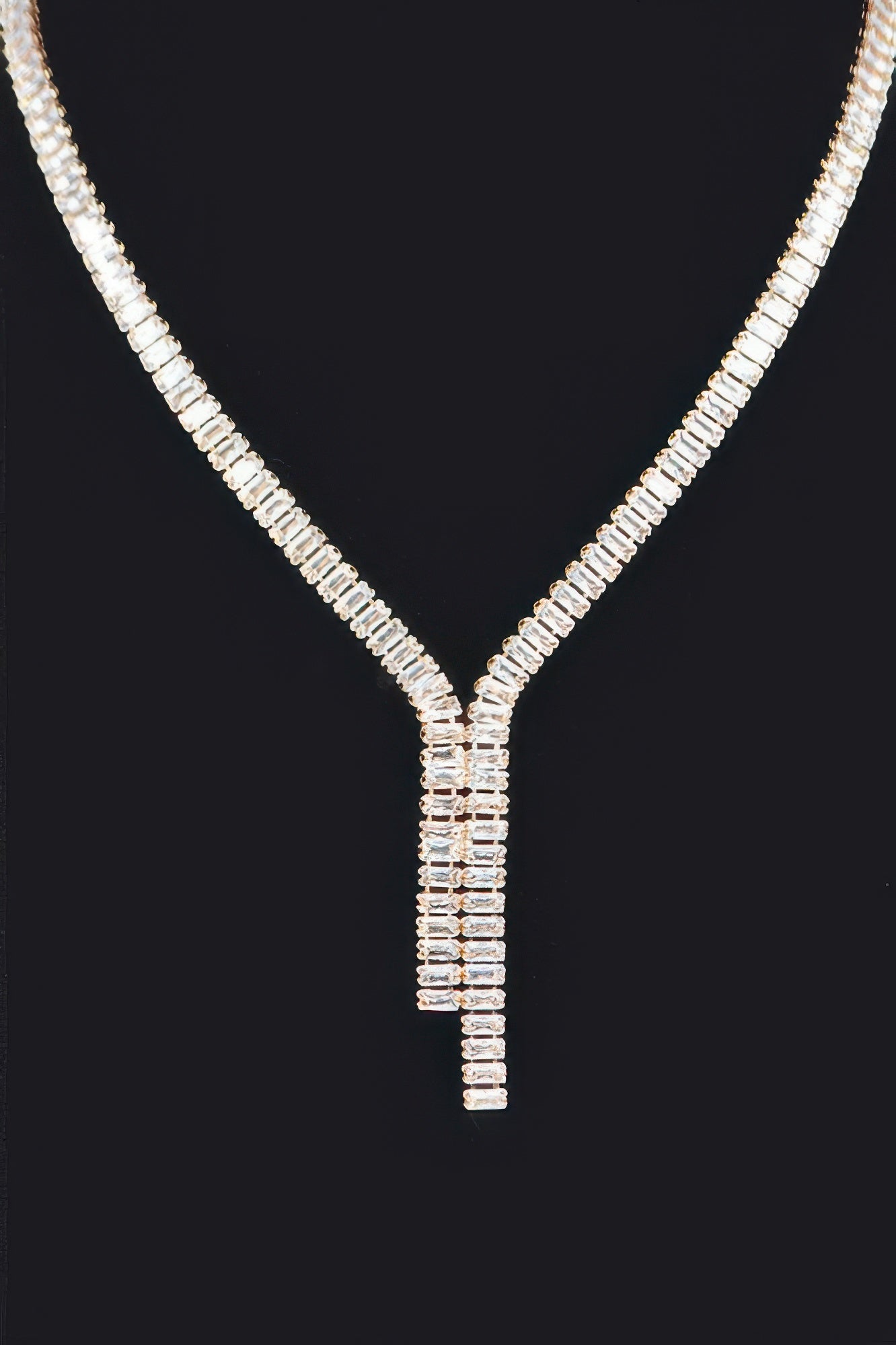 Silver rhinestone necklace set with Y-drop pendant and matching drop stud earrings