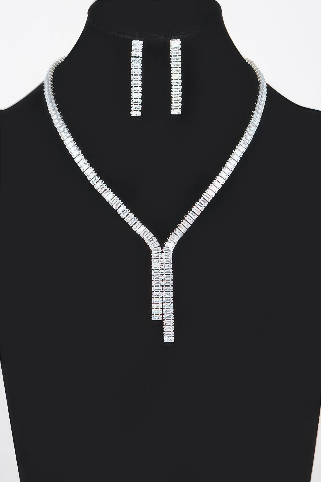 Silver rhinestone necklace set with Y-drop pendant and rectangular stud earrings