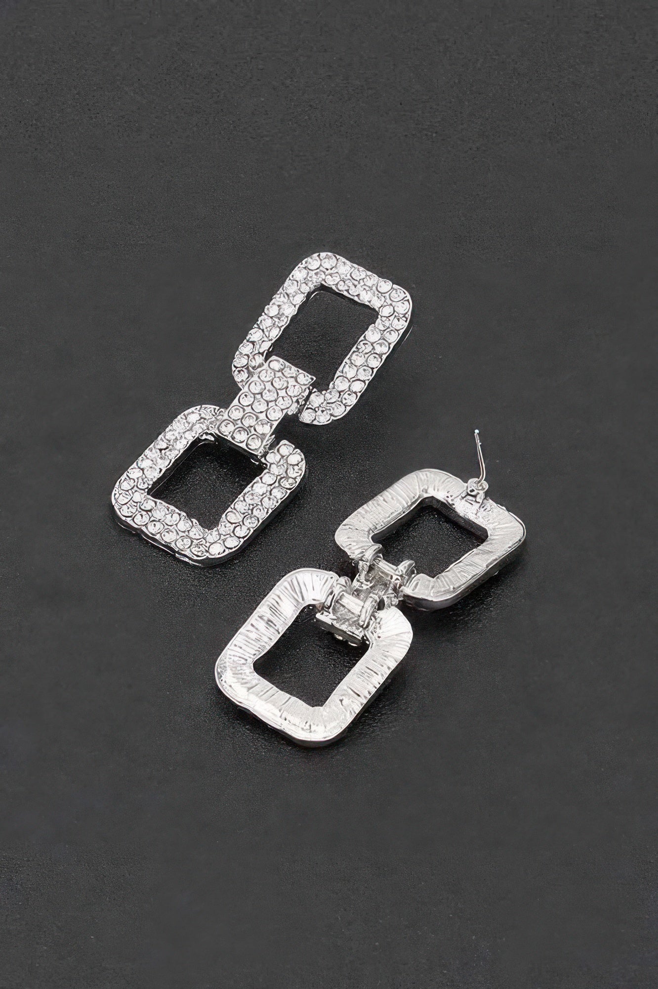 Rhinestone square drop earrings with posts, two stacked open squares in silver