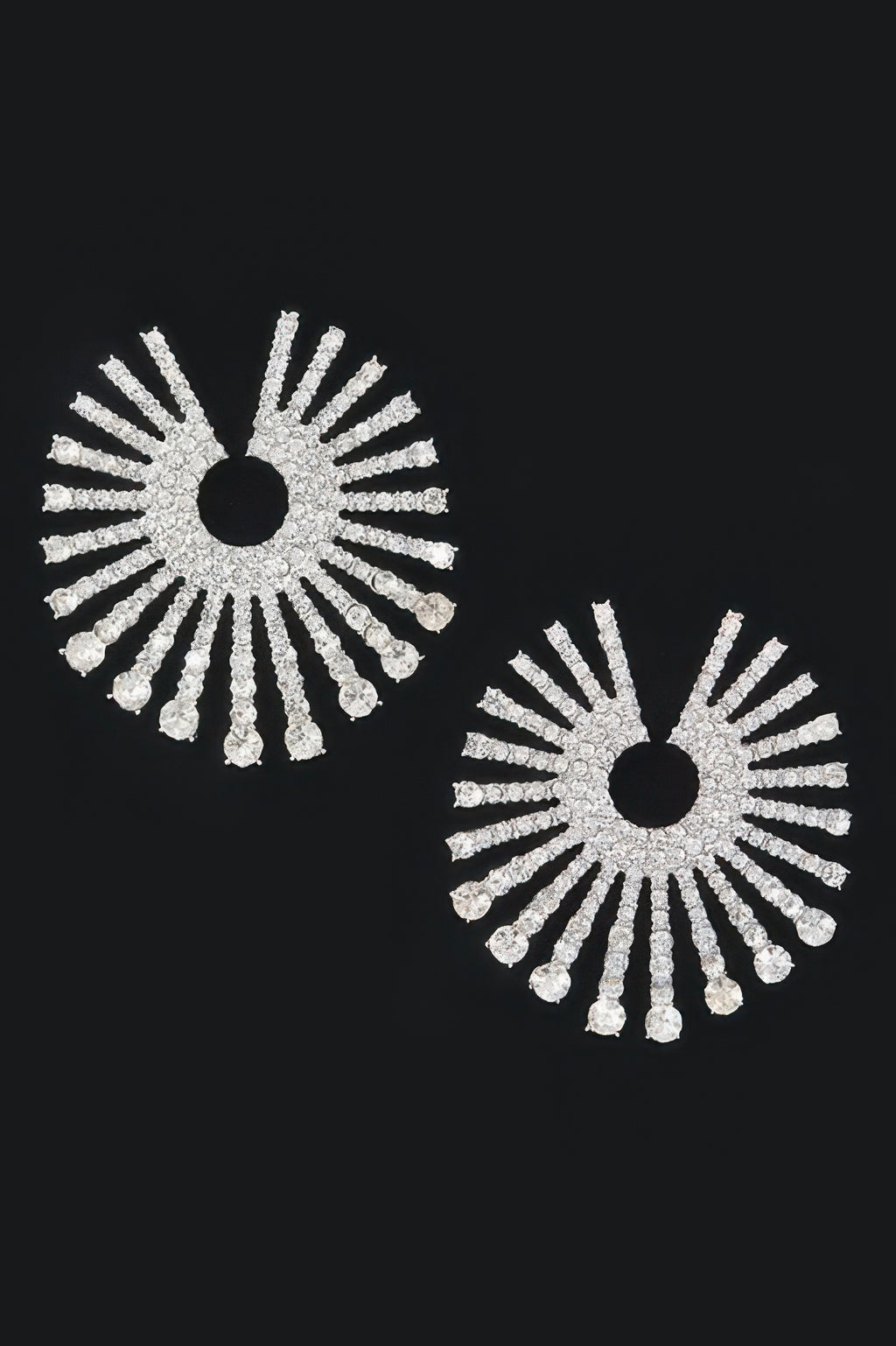 Silver rhinestone fan circle earrings with black center, dangling sparkle