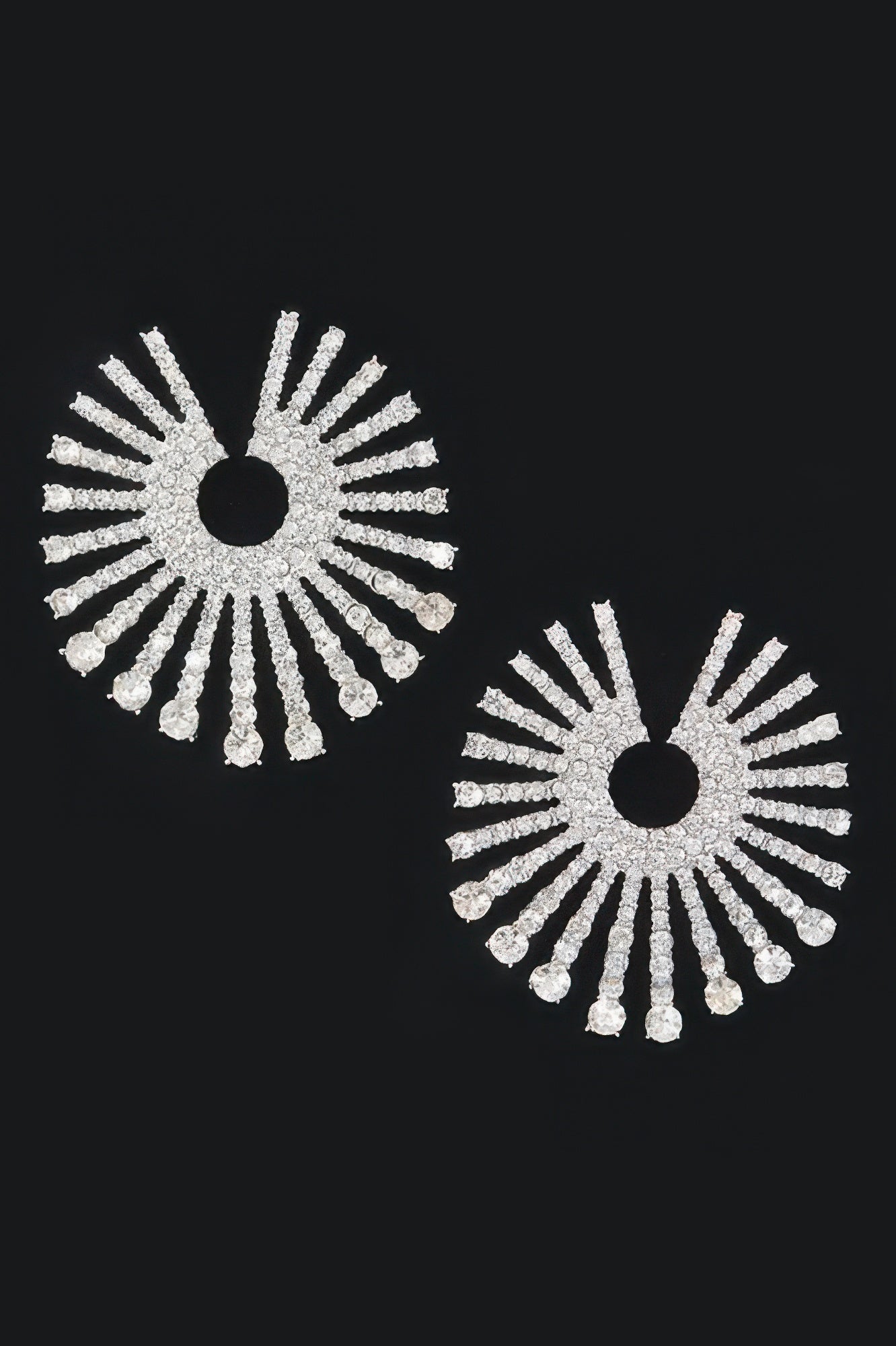 Silver rhinestone fan circle earrings with black center, dangling sparkle