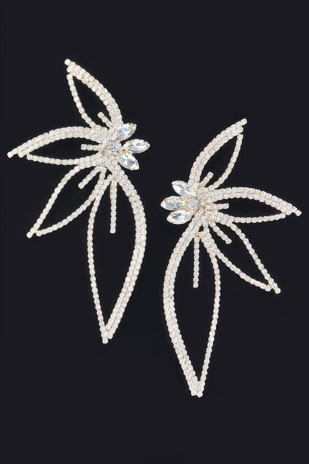 Rhinestone flower earrings, long teardrop petals with clear stones (silver)