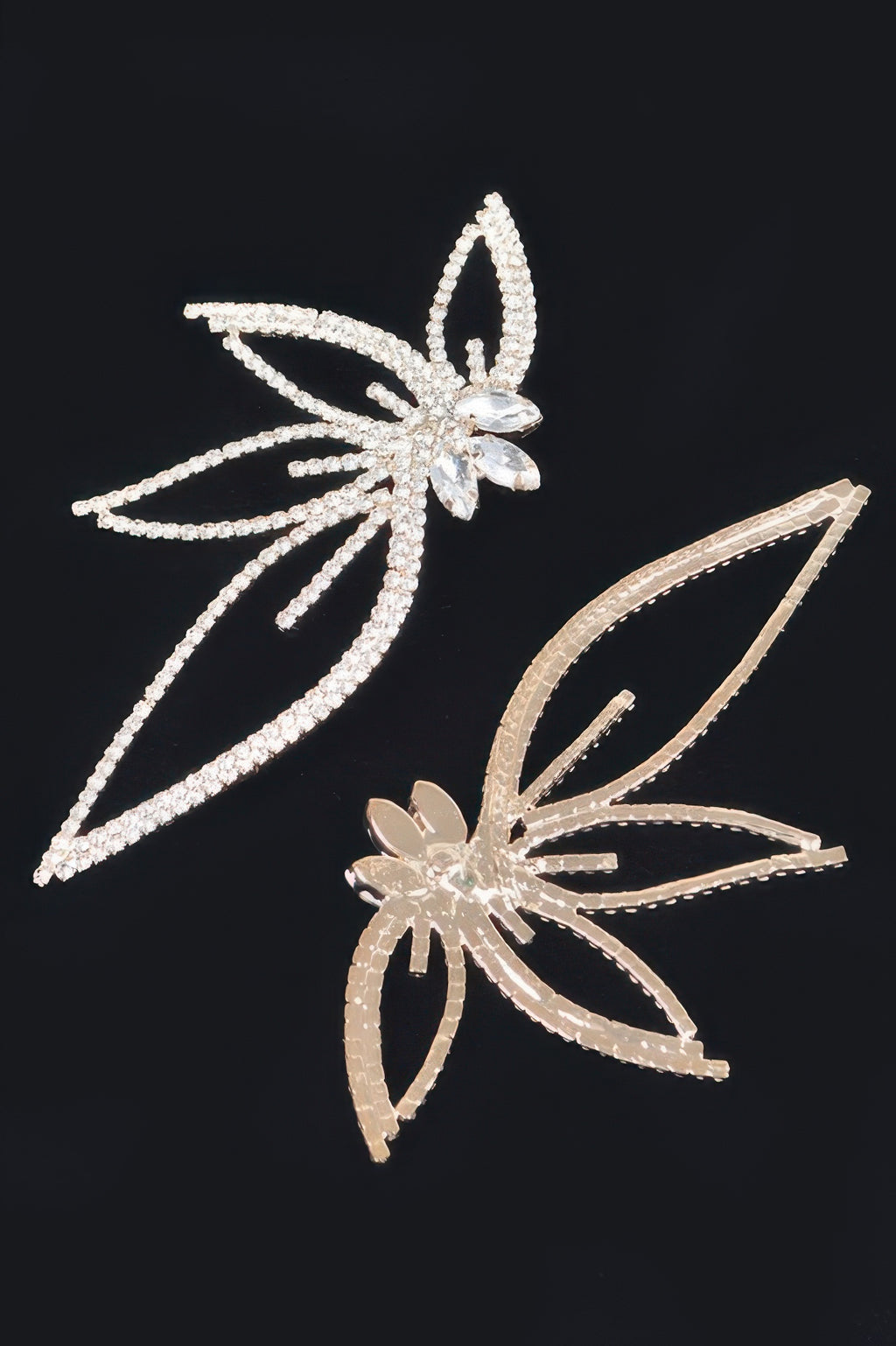 Rhinestone flower earrings with dangling petals and central crystal (gold-tone)
