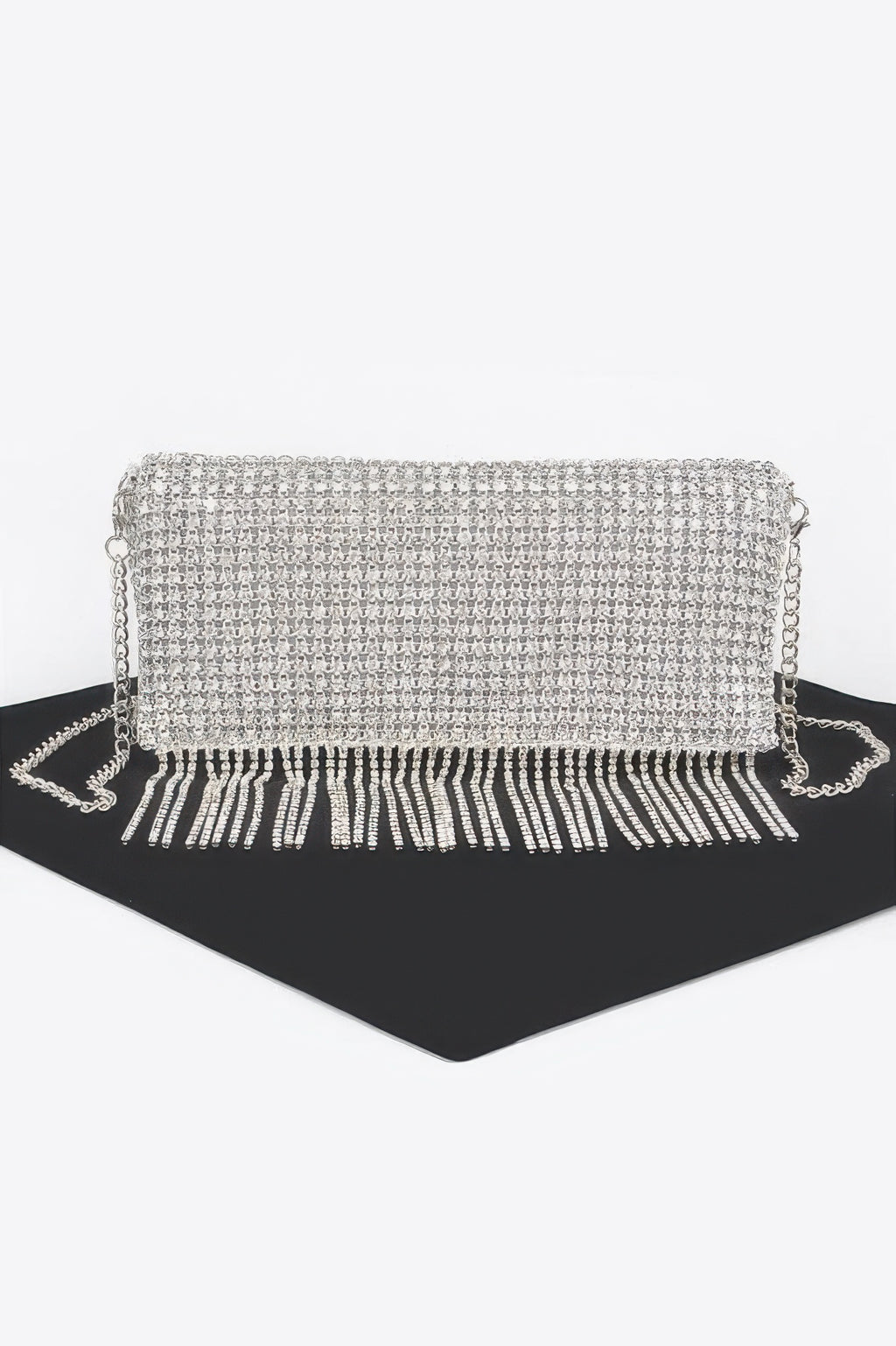 Rhinestone fringe clutch, clear sparkle with top handle chain