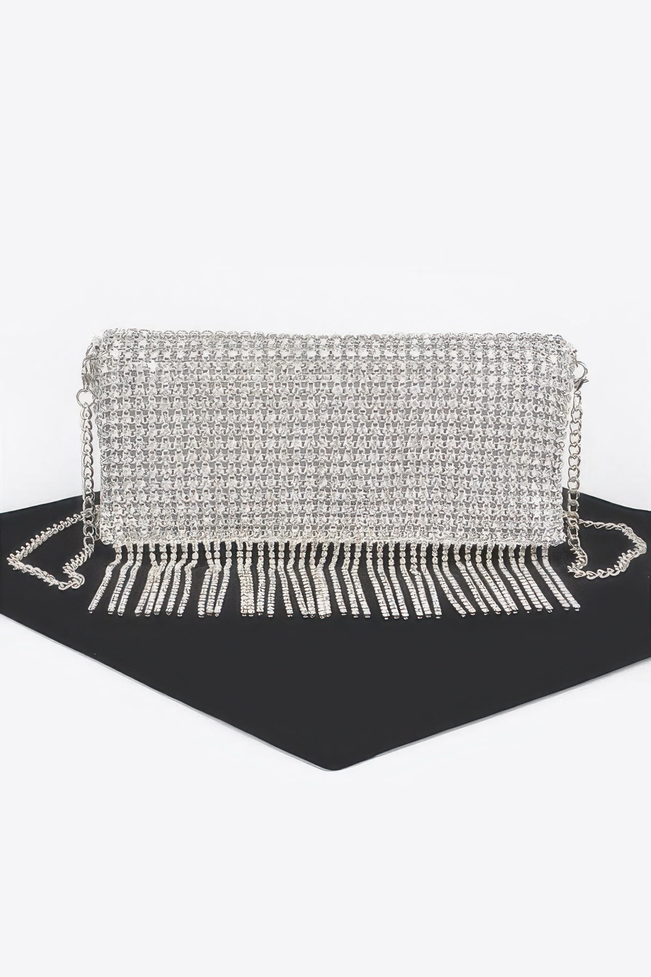 Rhinestone fringe clutch, clear sparkle with top handle chain