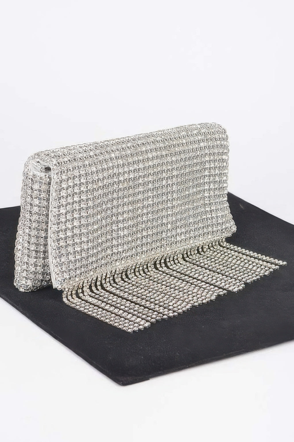 Rhinestone fringe clutch with chain shoulder strap and tapered top