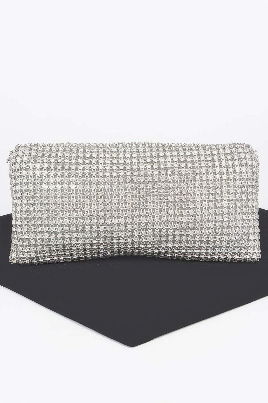 Rhinestone clutch with textured rhinestone body and dangling fringe