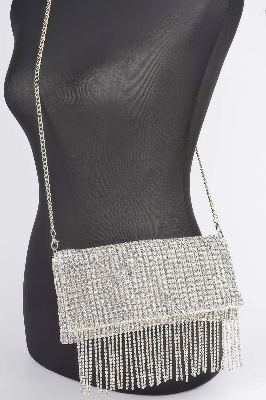 Rhinestone fringe clutch worn crossbody on chain strap