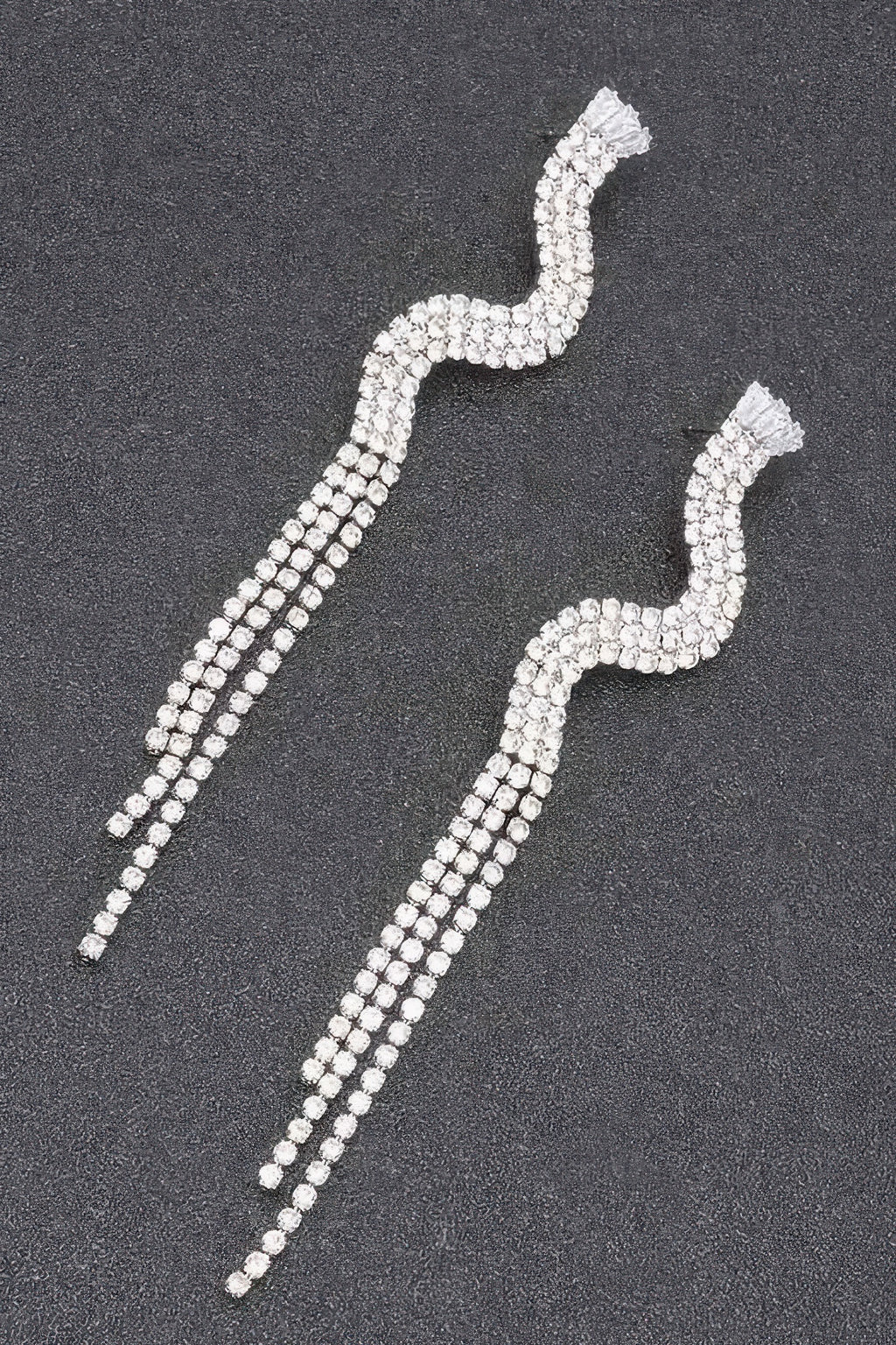 Silver clear rhinestone fringe earrings, wavy top rows with long dangling chains