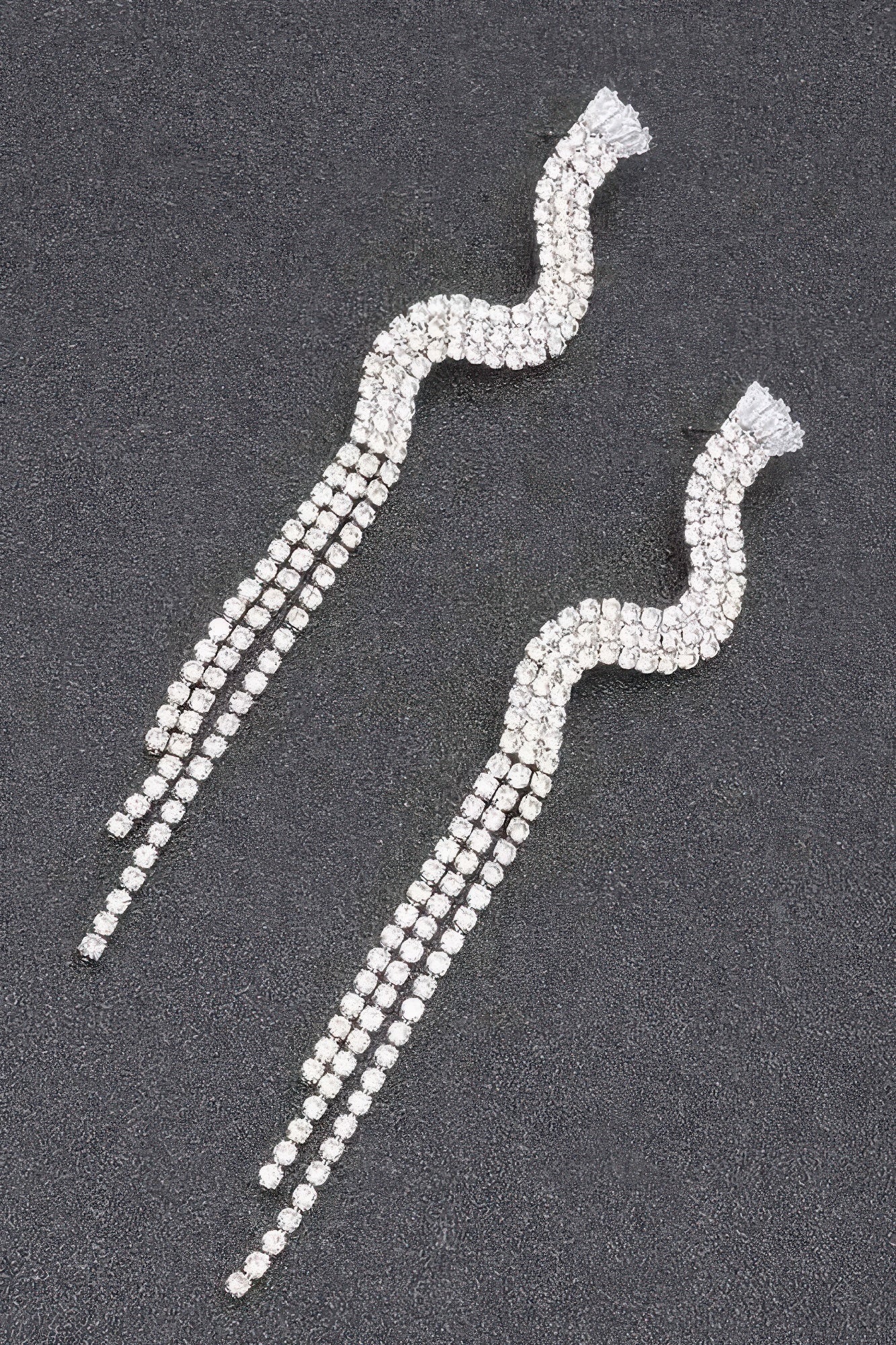 Silver clear rhinestone fringe earrings, wavy top rows with long dangling chains