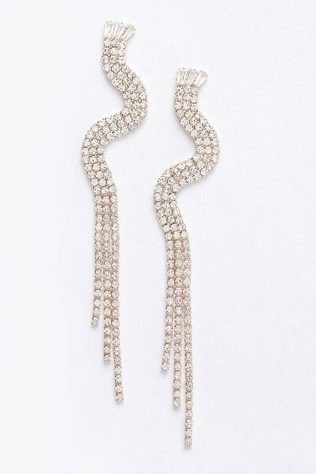 Rhinestone fringe earrings in gold clear, curved sparkly drop with tassel fringe
