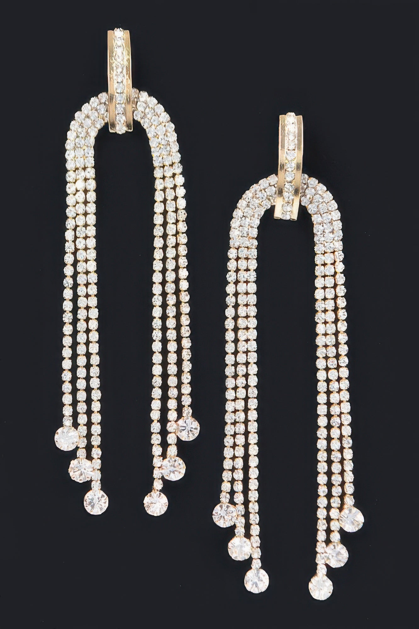 Silver clear rhinestone fringe earrings with rounded hoop and dangling drops