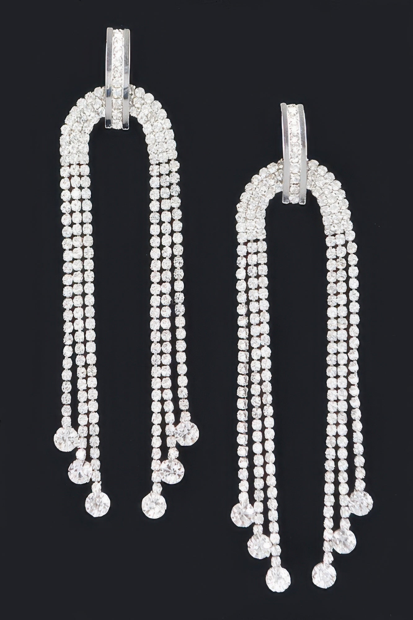 Silver clear rhinestone fringe drop earrings, arch hoop with long bead strands