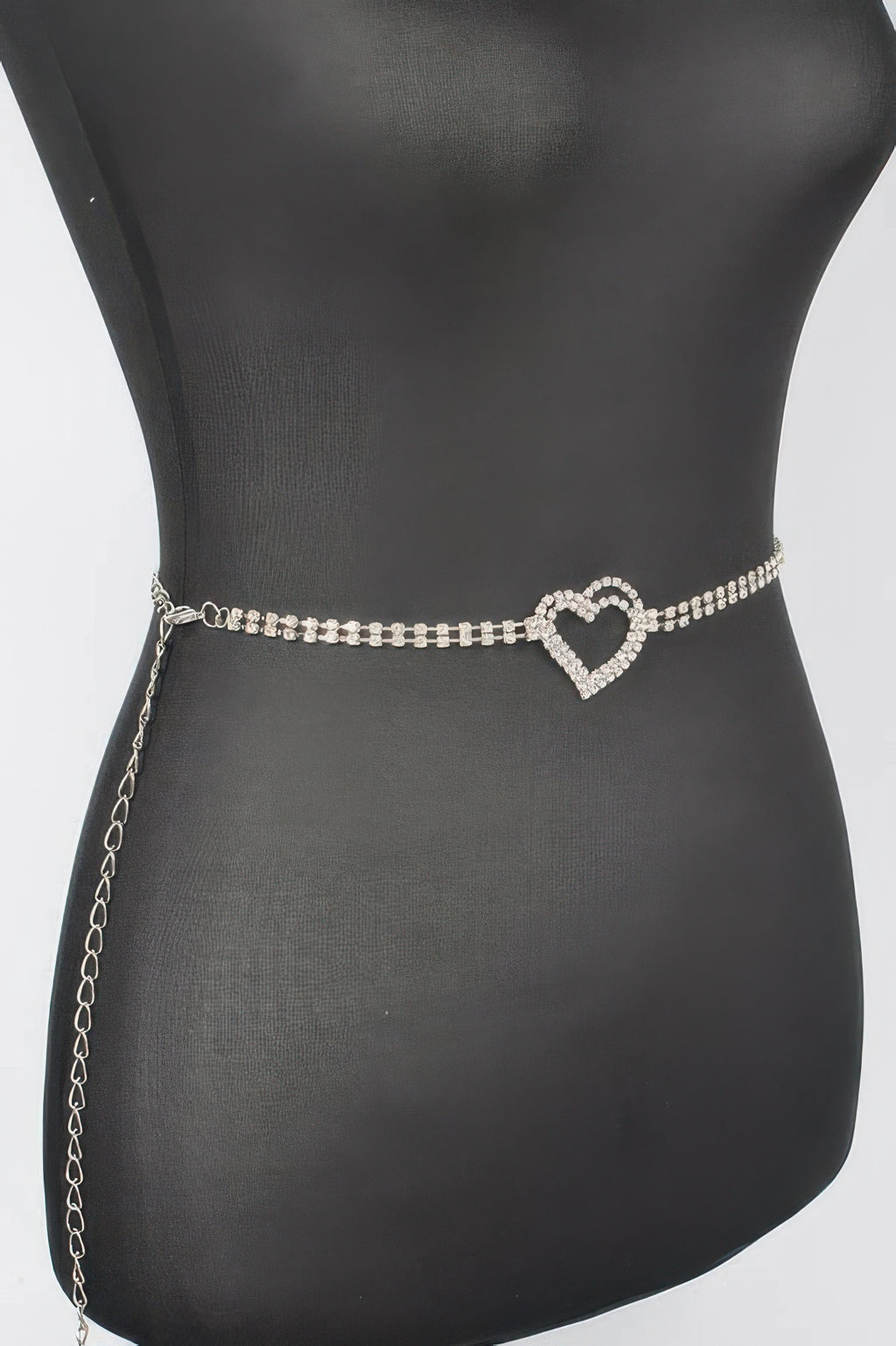 Rhinestone heart chain belt, gold-tone chain with heart charm in sparkling stones