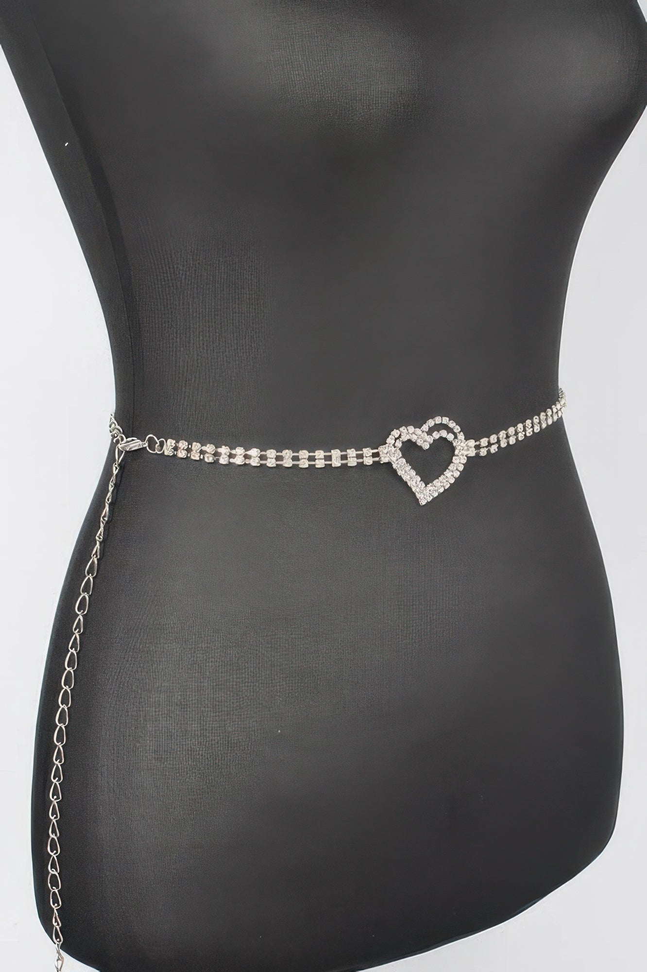 Rhinestone heart chain belt, gold-tone chain with heart charm in sparkling stones